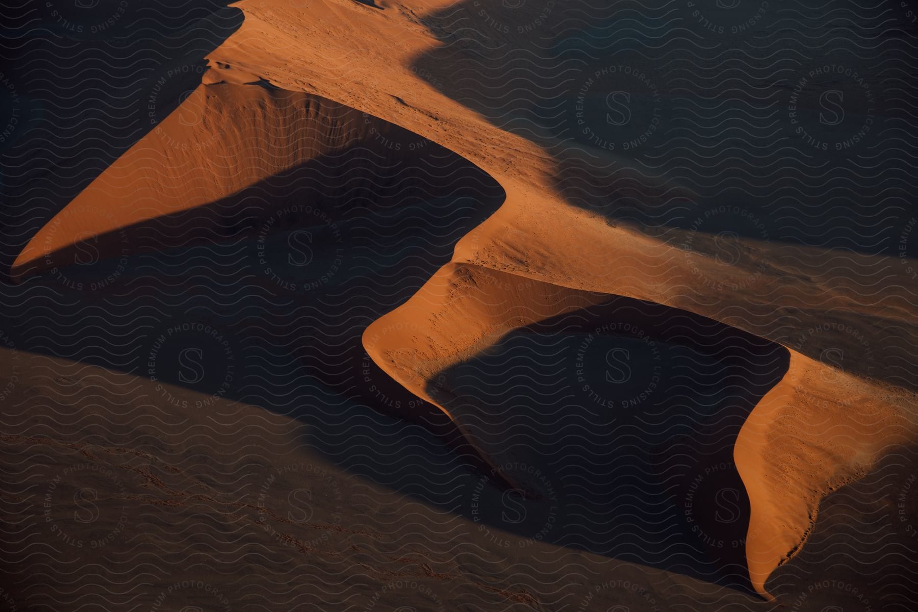 The sun is setting on the sand tops in the dunes of namibia