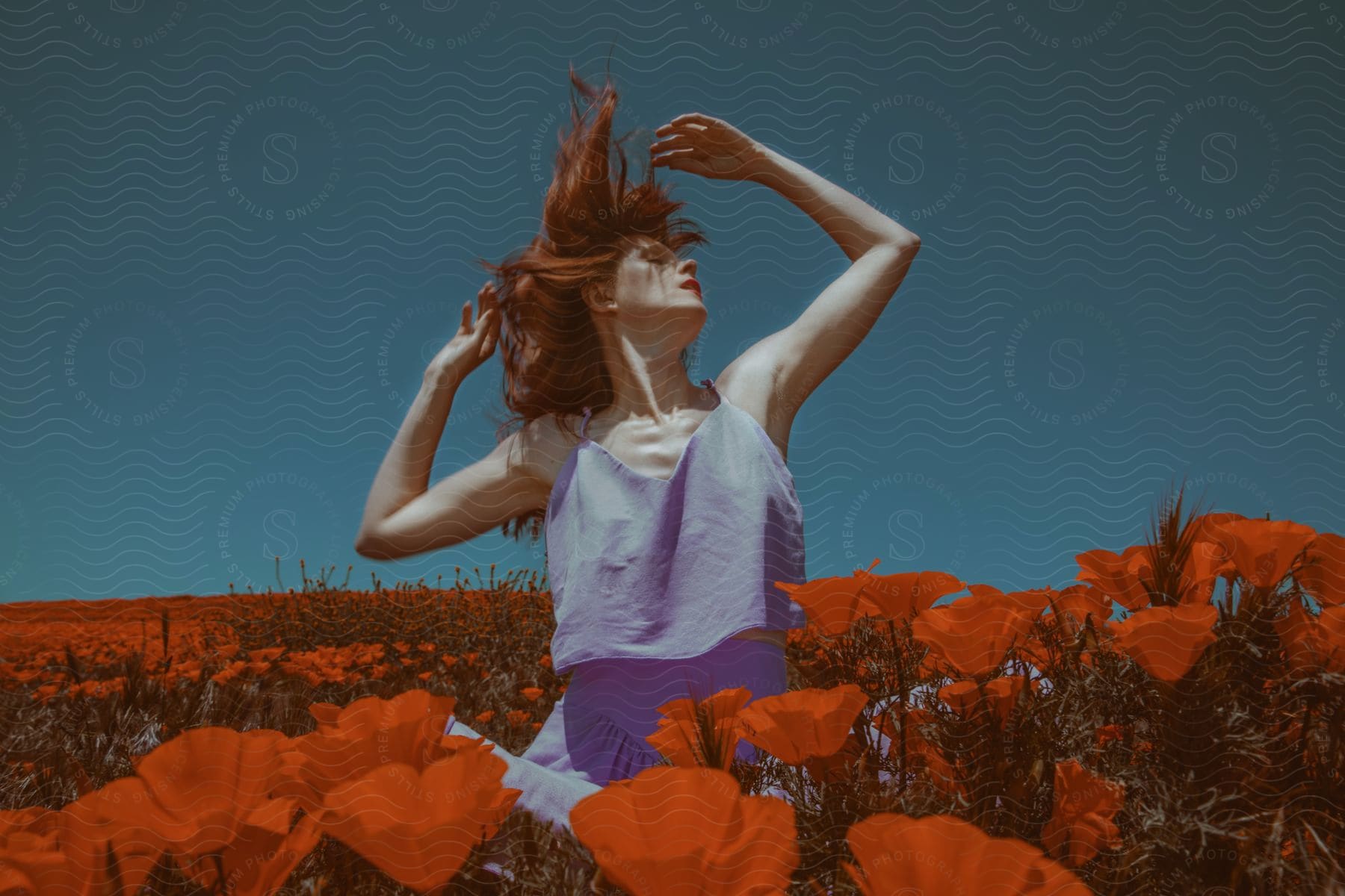 Stock photo of woman wearing lilac gesturing on a flower field