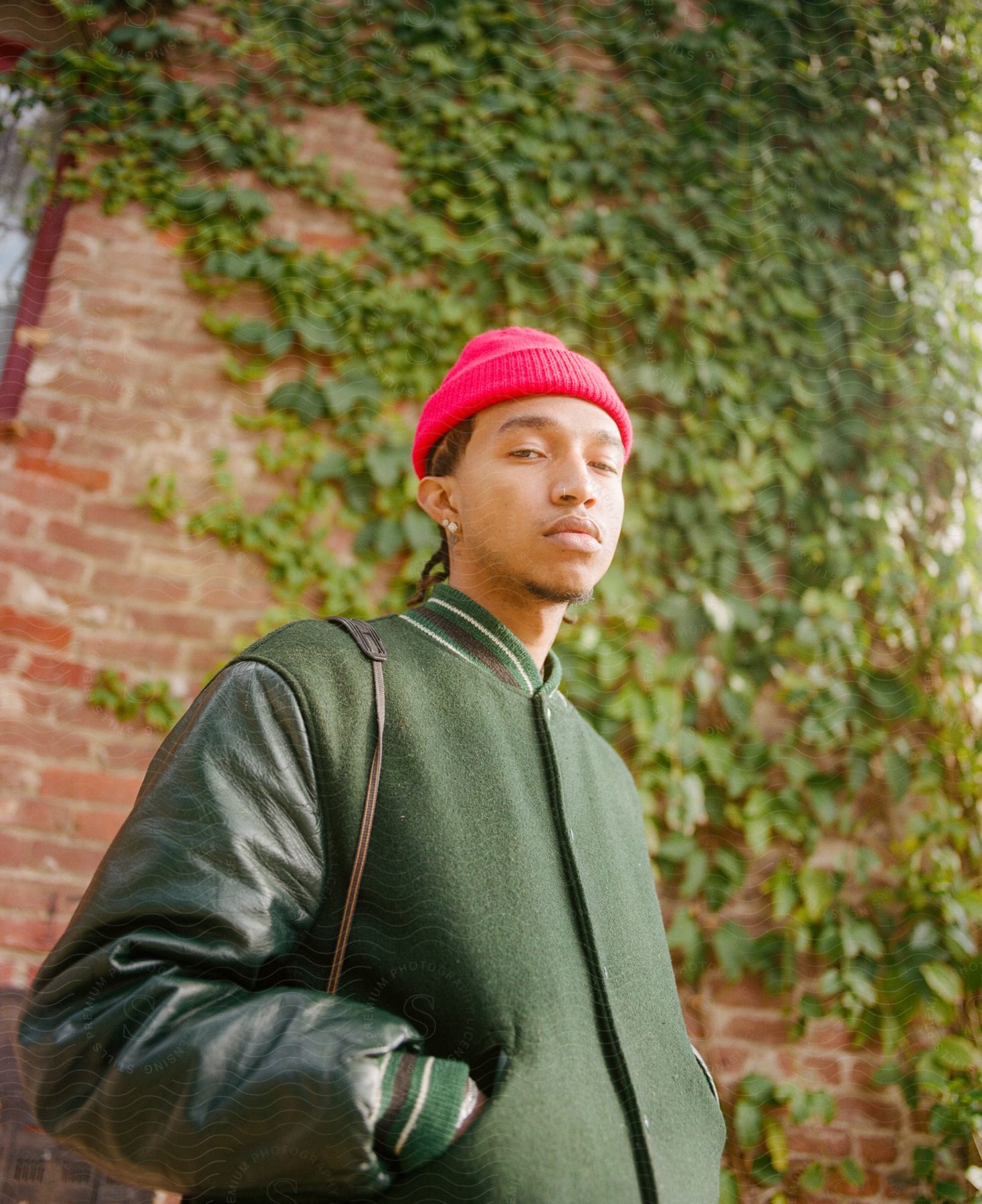 A man stands in front of a brick building covered in ivy