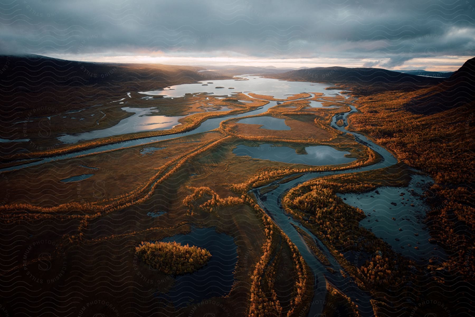 Bodies of water wind through a valley dotted by trees