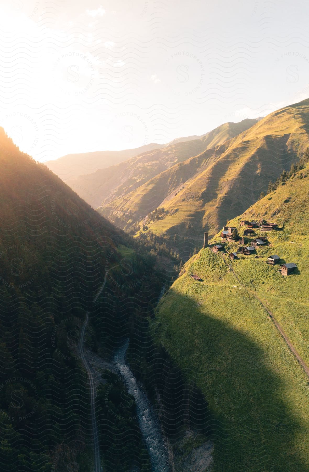 Aerial view of a mountainous countryside in the country of georgia