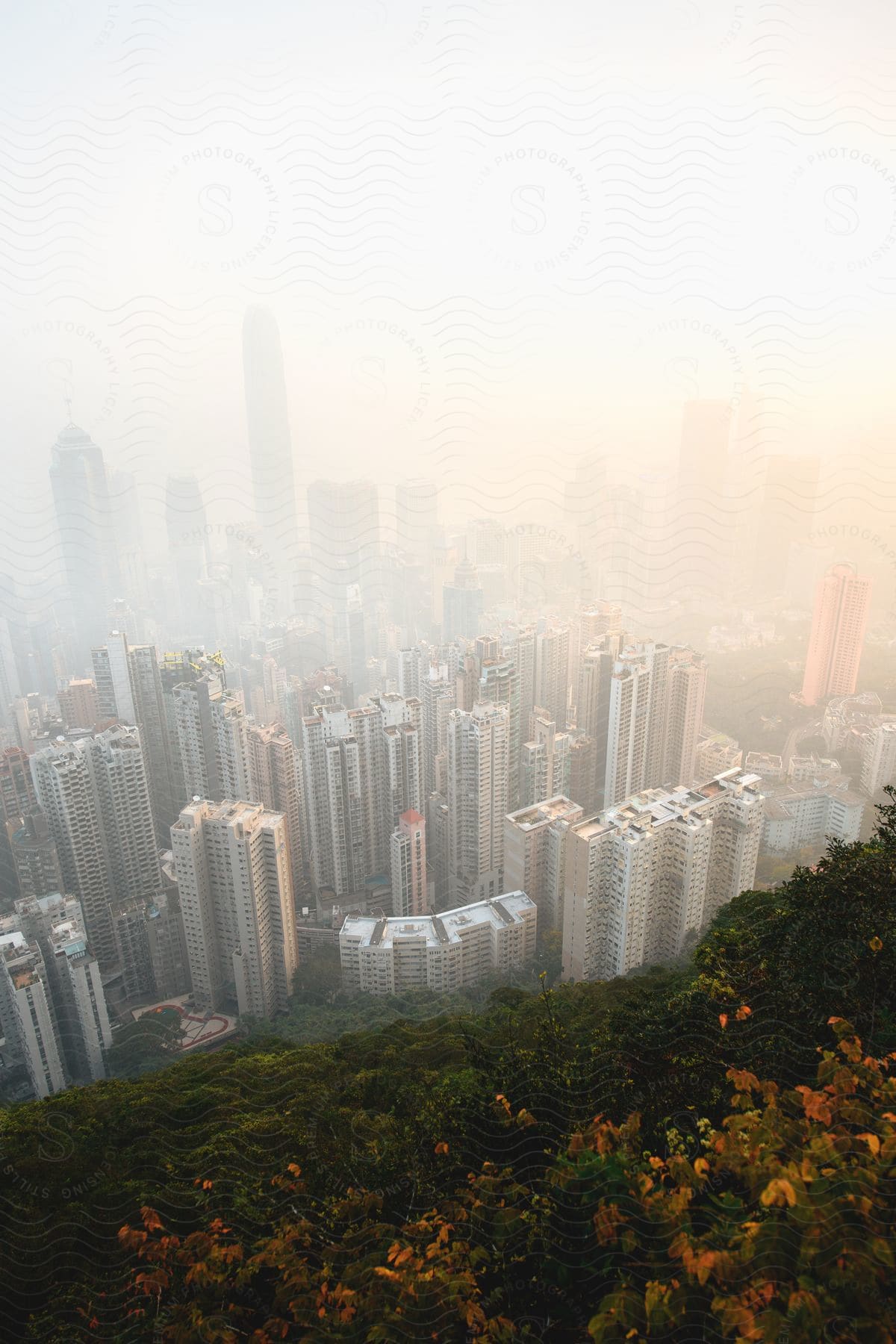 City buildings obscured by smog in hong kong