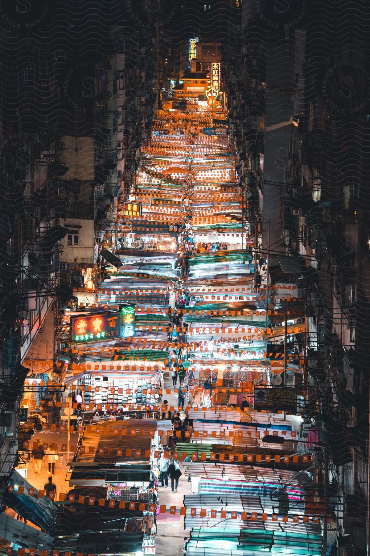 Aerial street with openair market in hong kong