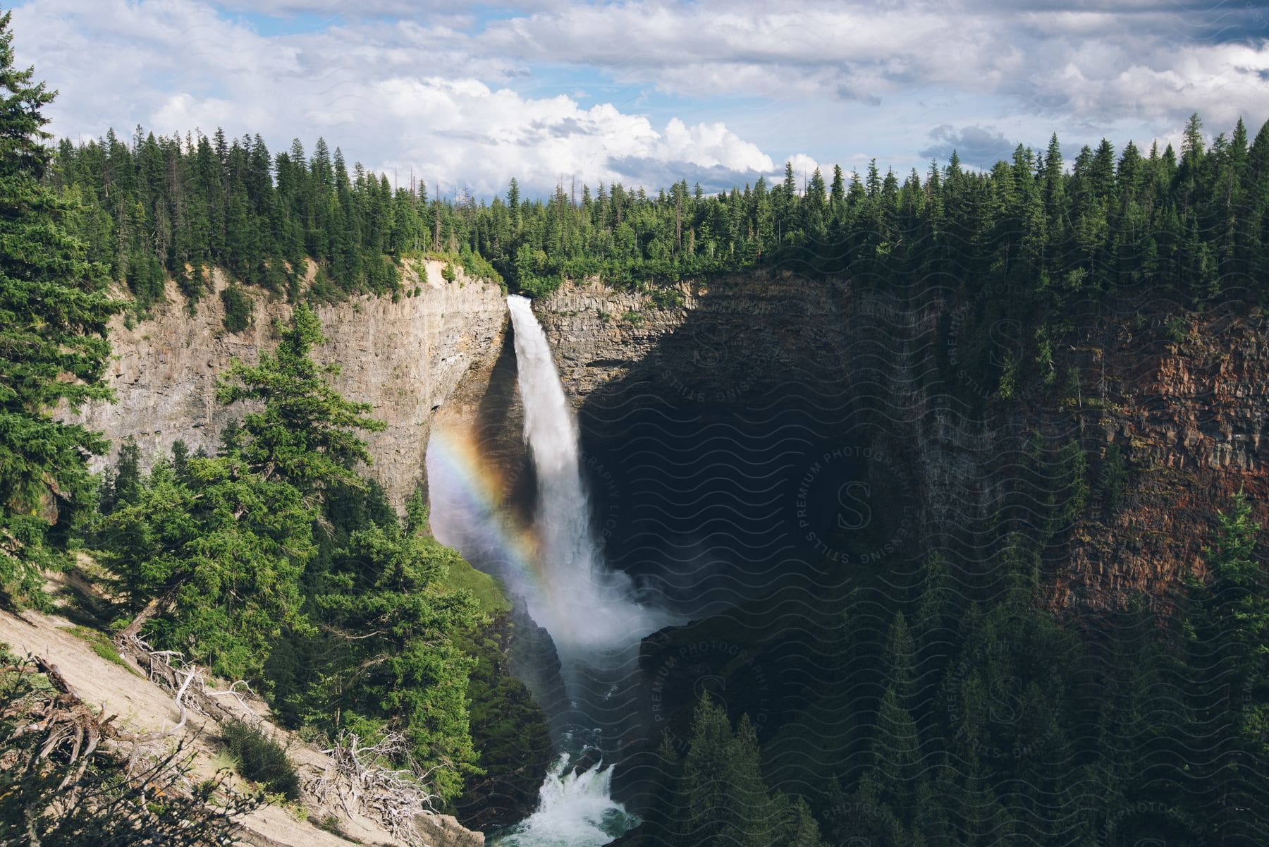 A waterfall cascades over a forested cliff into a river