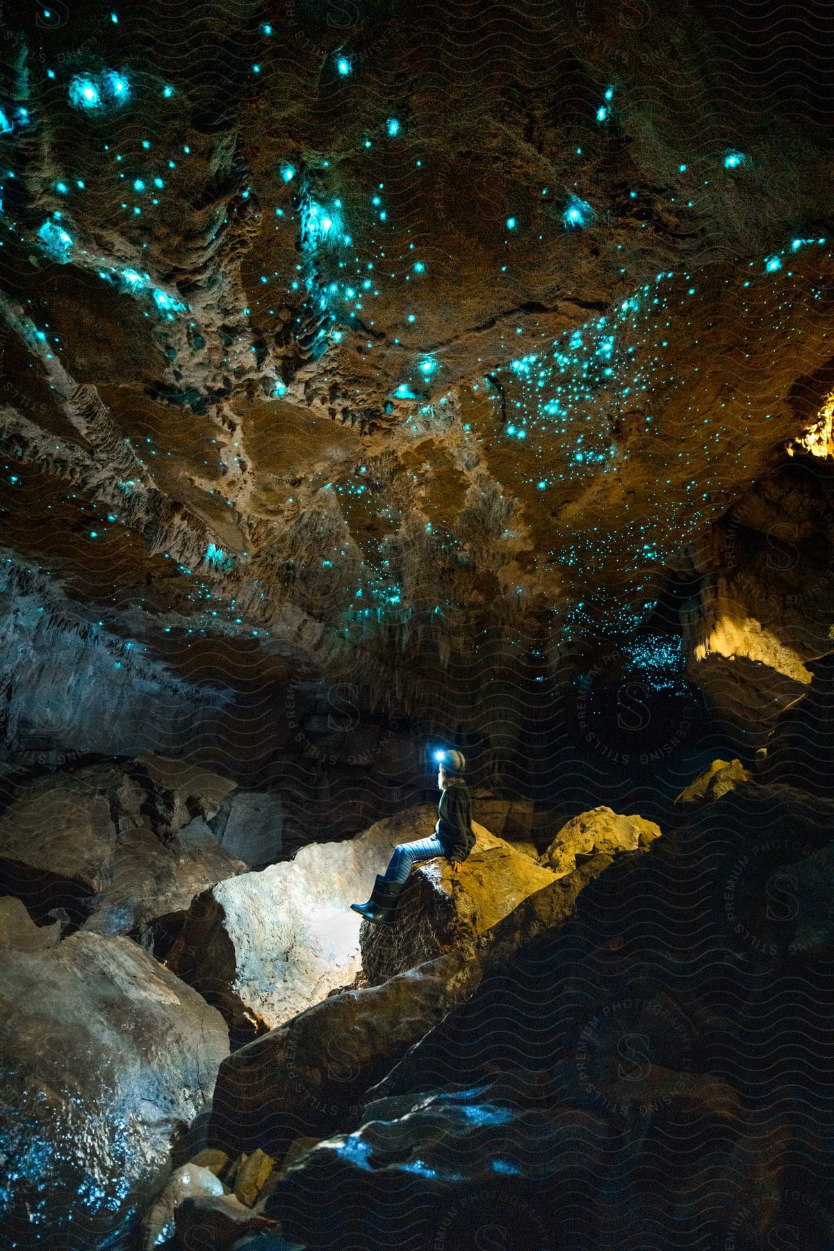 A person sitting in a luminescent cave underground wearing a headlamp