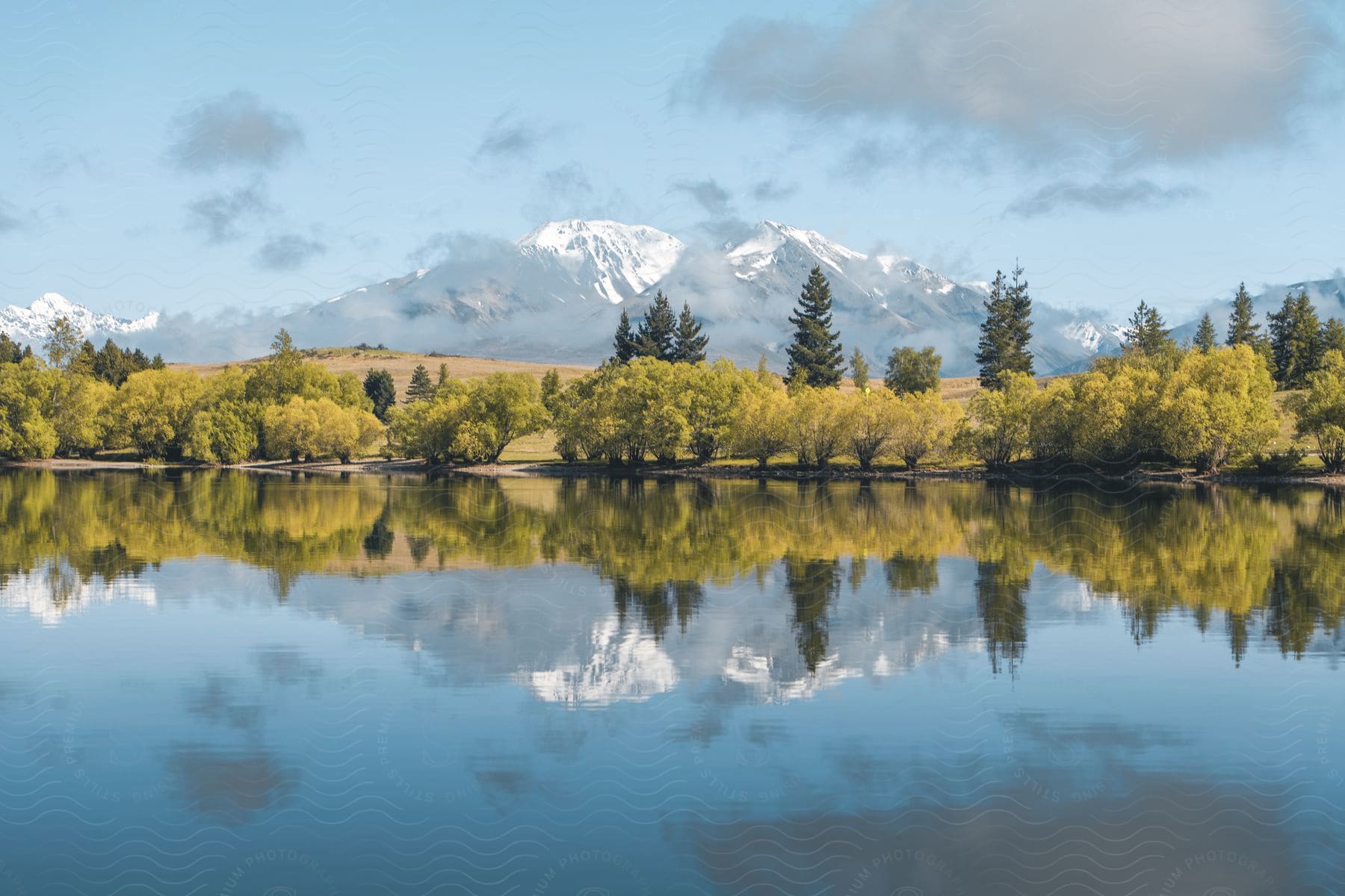 Trees reflecting off of a lake in the foreground surrounded by mountains and a cloudy sky