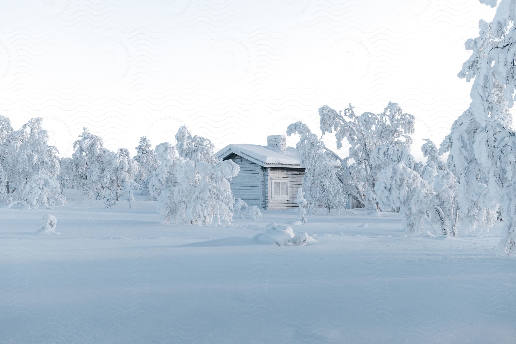 Bent trees in a snowy yard with a snowcovered roof under a white winter sky in finland