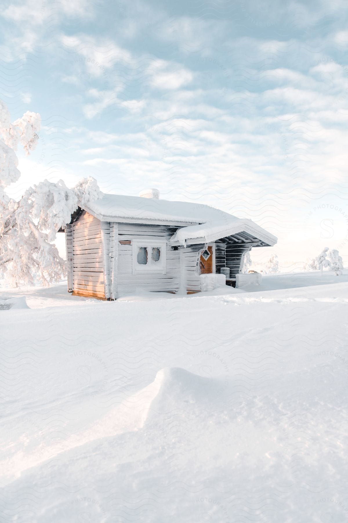 A snowcovered cabin in a white landscape under a cloudy sky