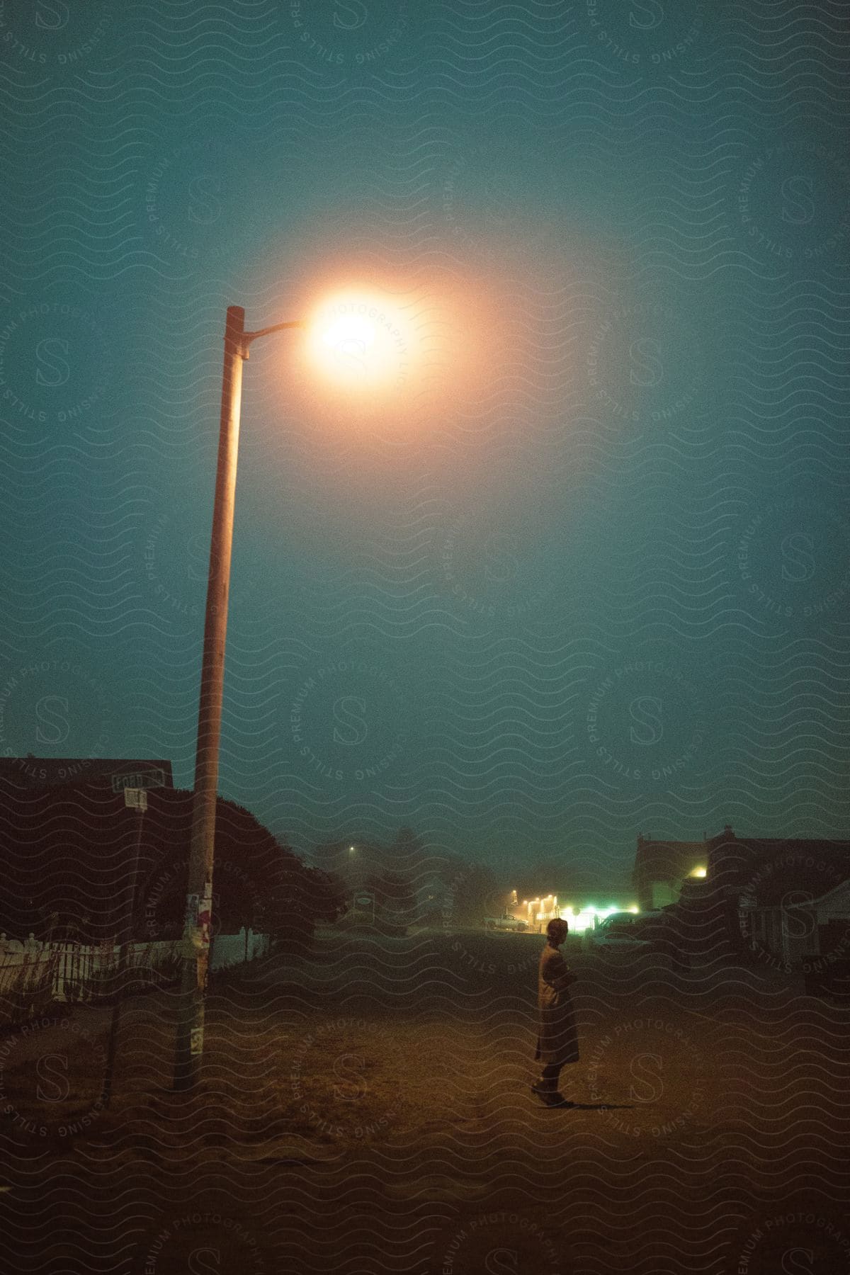A person standing under a street light in a neighborhood with houses at night