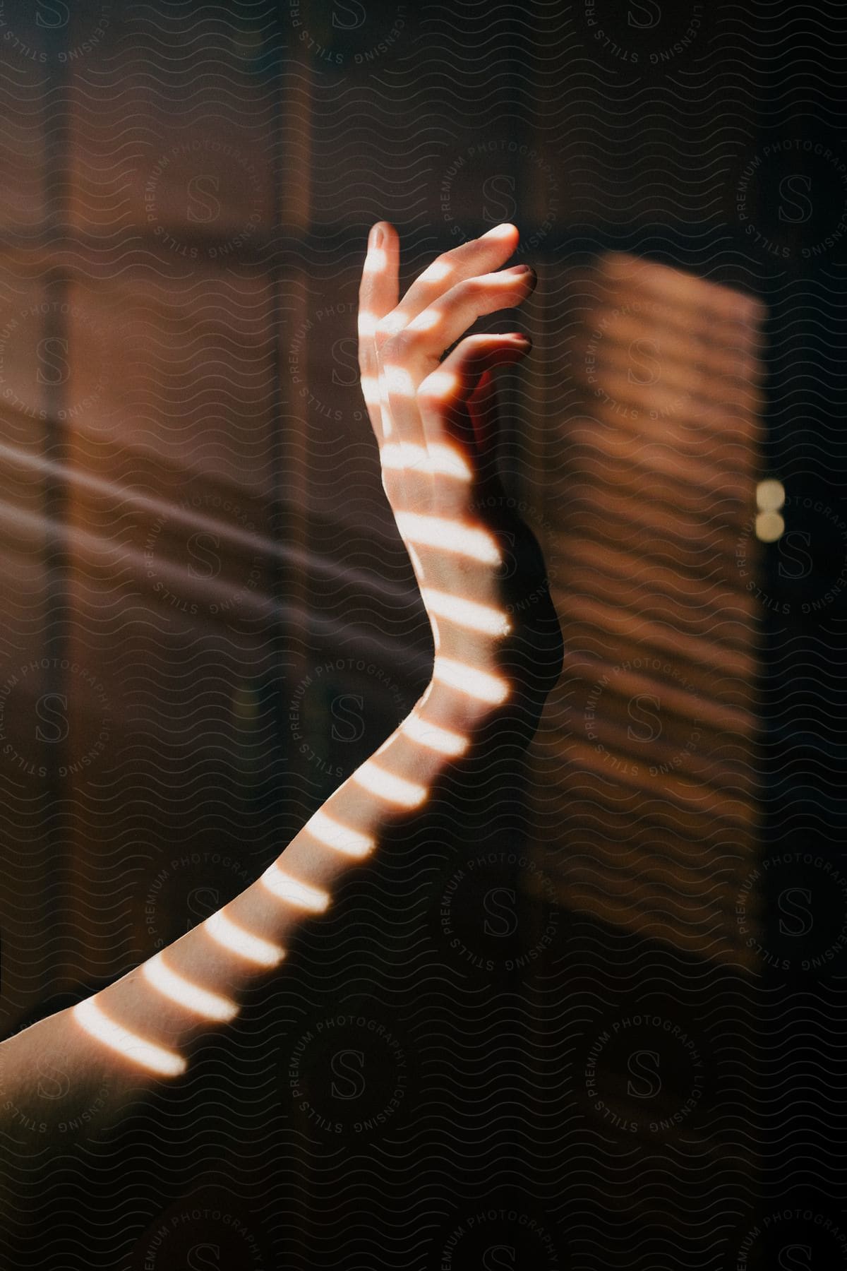 Person gesturing with a single hand under a pattern of sunlight coming through a window