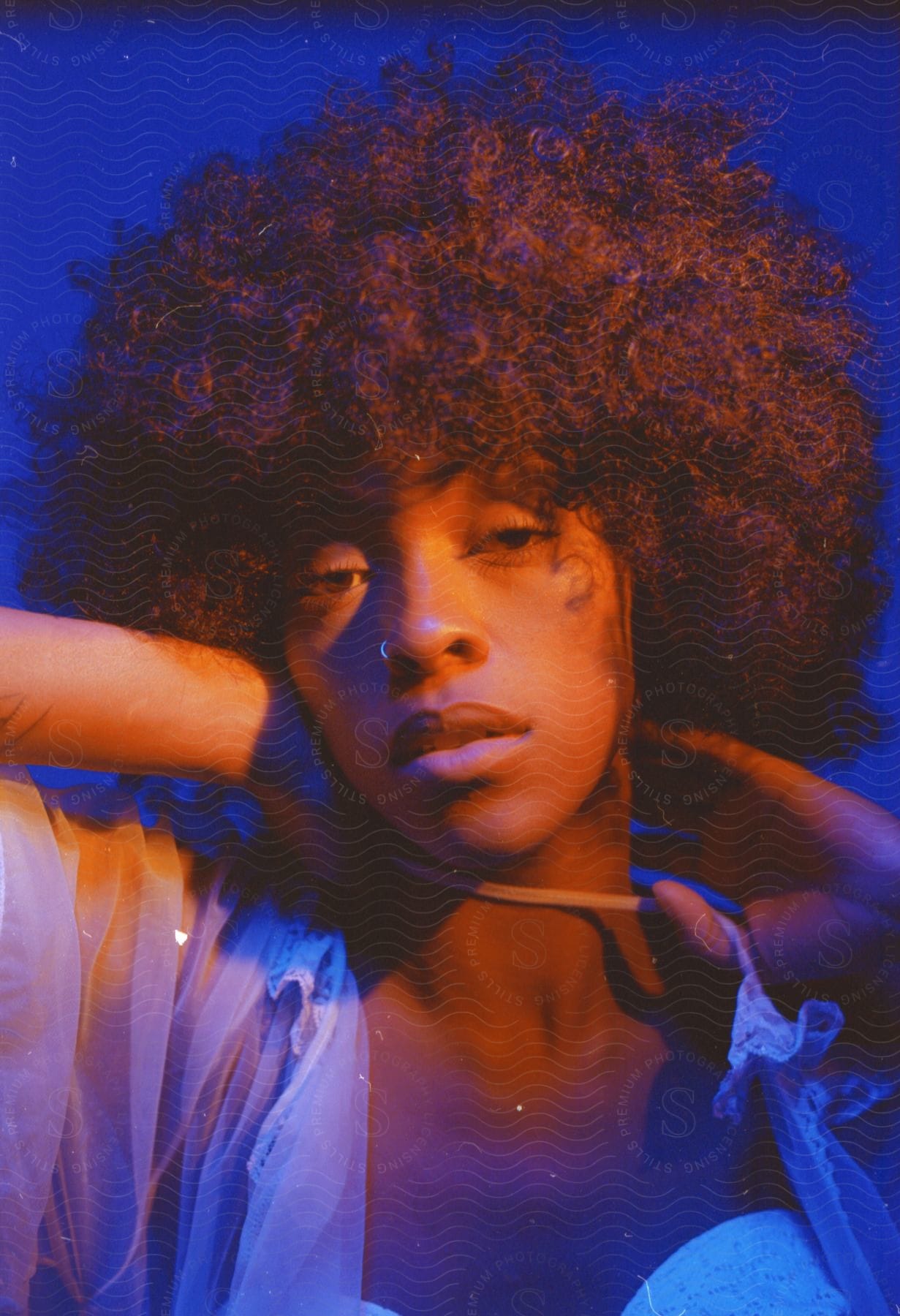 A single person with purple hair and an afro hairstyle in a cool and bluetoned photograph