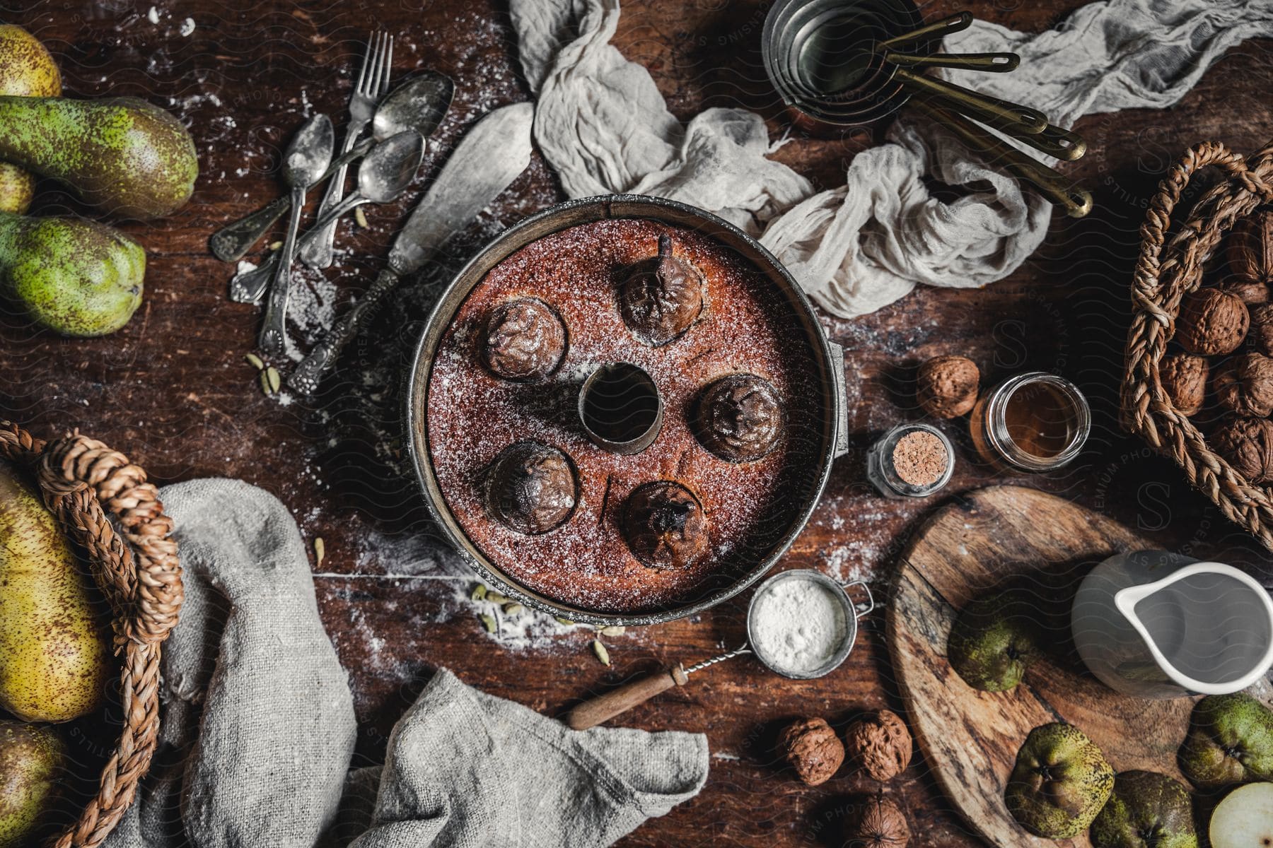 A pear pie sits on a rustic table surrounded by cutlery and utensils