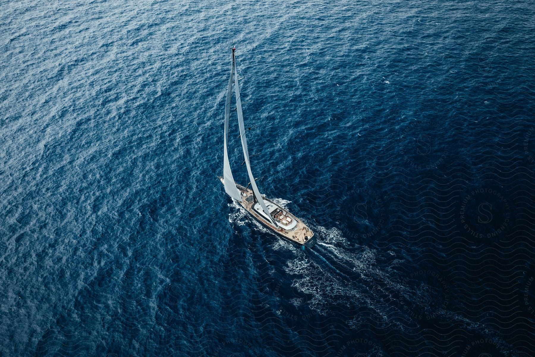 A sailboat gracefully sails across the vast expanse of the deep blue ocean