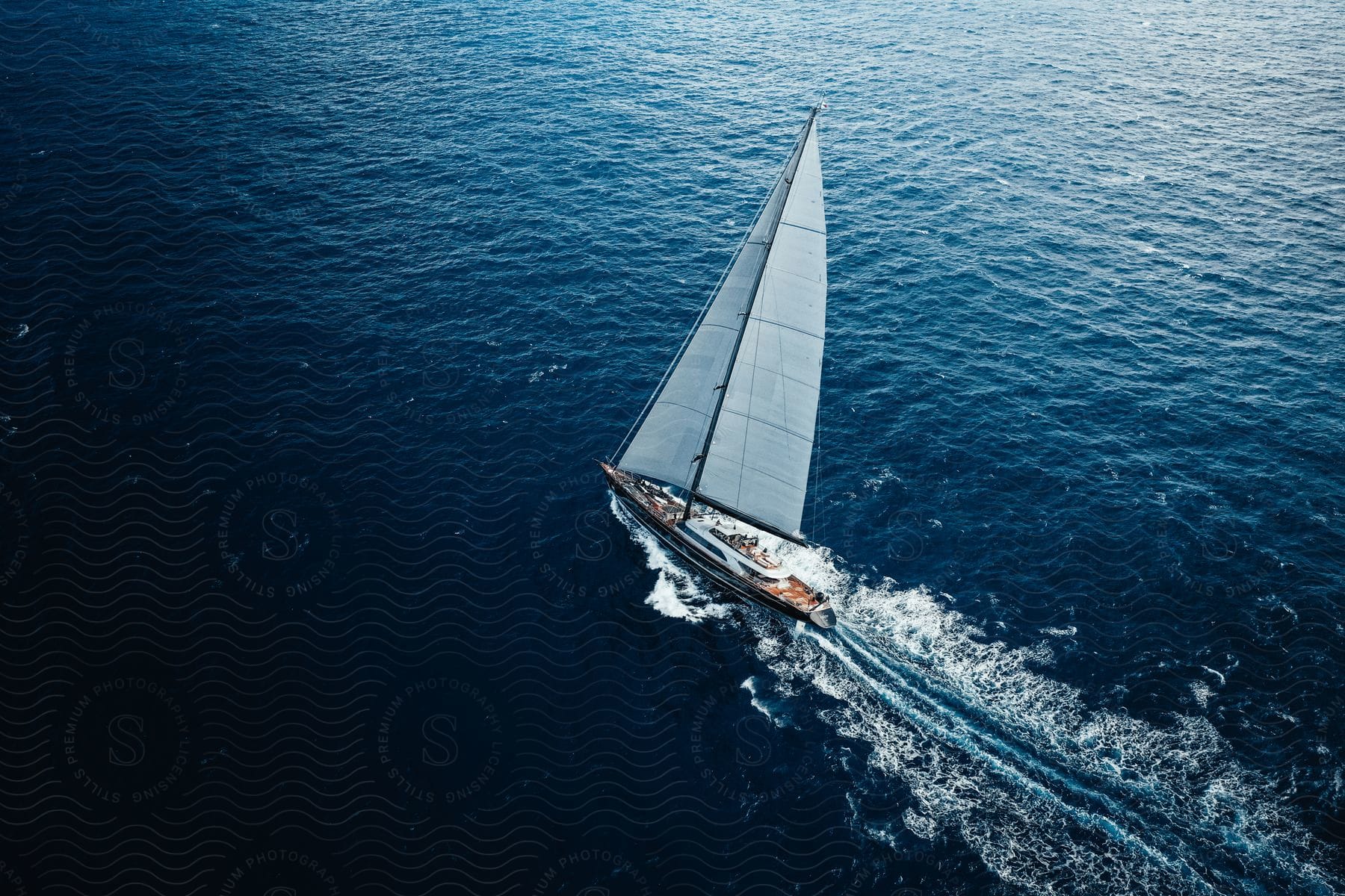 Sailboat glides swiftly on calm sunny ocean