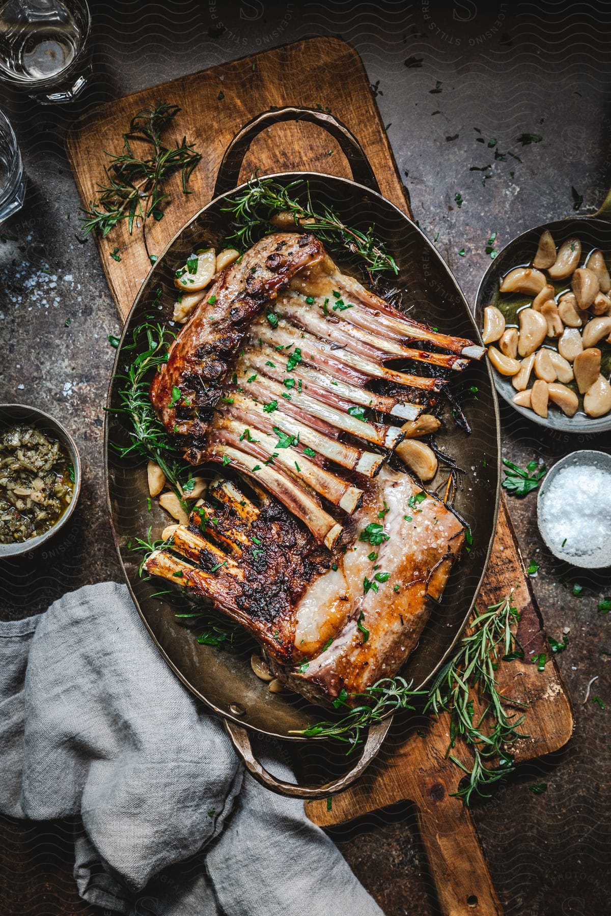 Lamb chops are arranged on a metal pan with various toppings in bowls