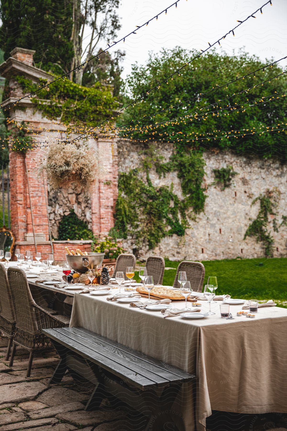 Captivating dinner setting long table empty wine glasses plates and spoons a bowl of crimson wine awaits with two filled glasses disco lights dance overhead while a leafadorned wall adds natural charm