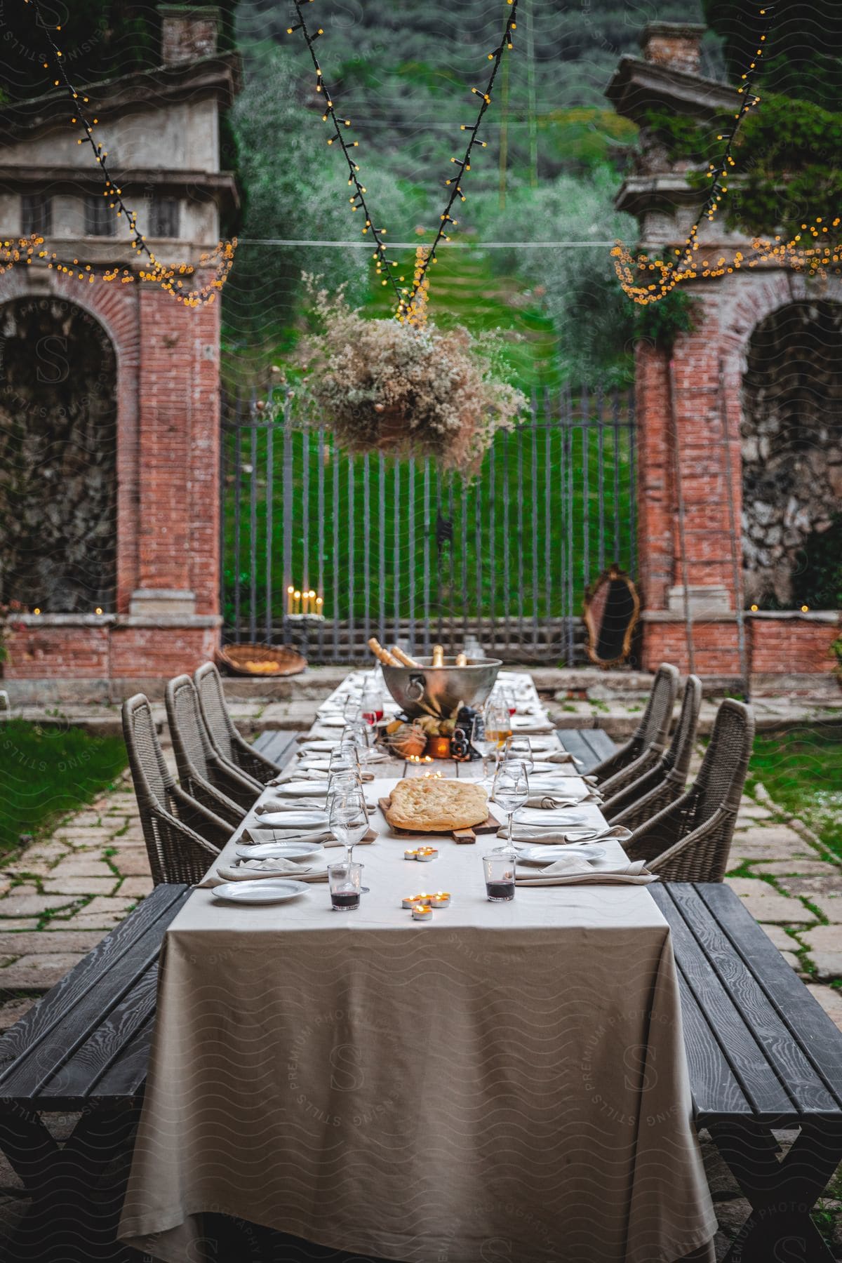 Table set with food and beverages on a neutralcolored tablecloth