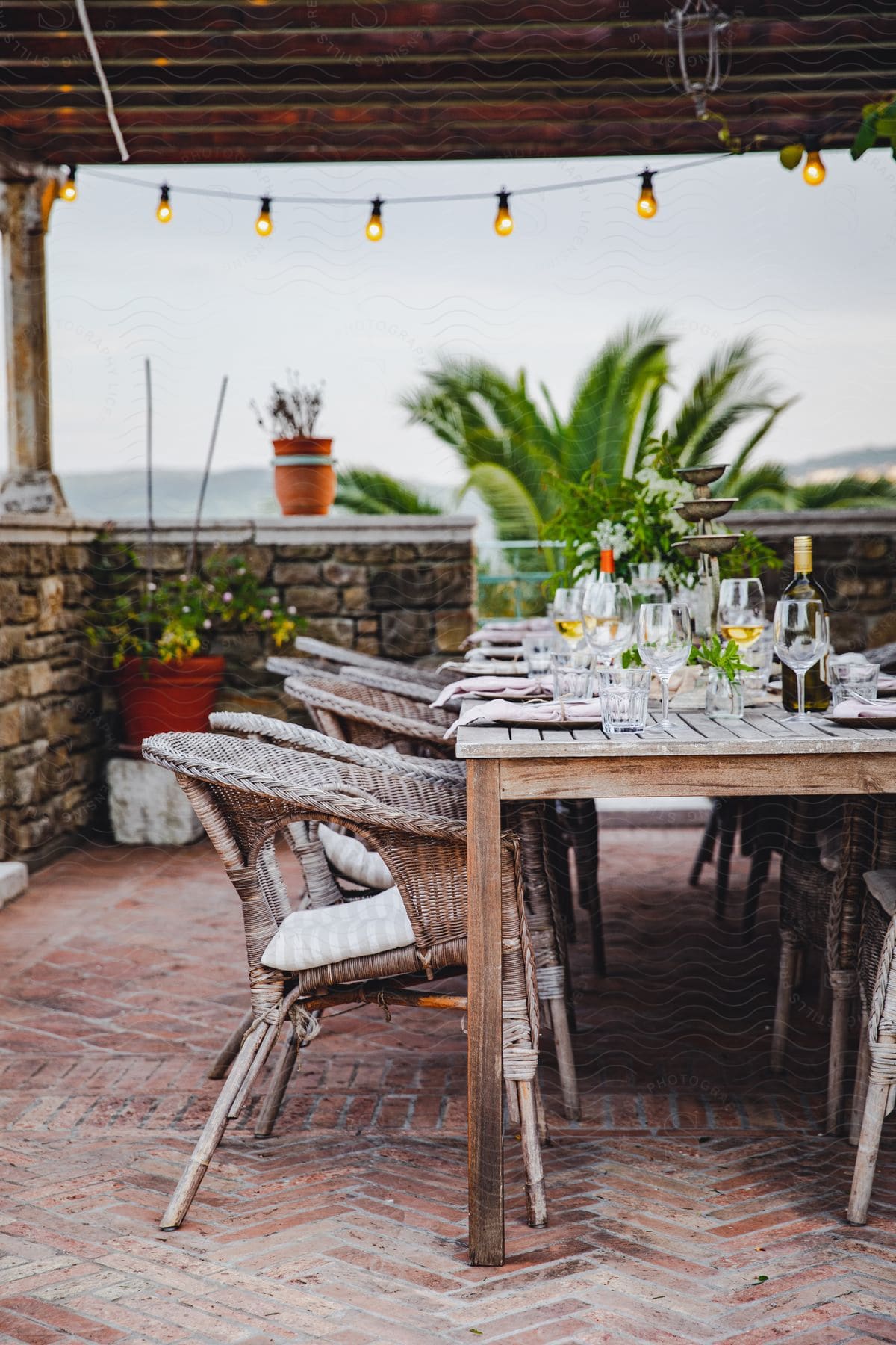 An outdoor dining table with plates glasses and wine bottles on a patio with a palm tree in the background