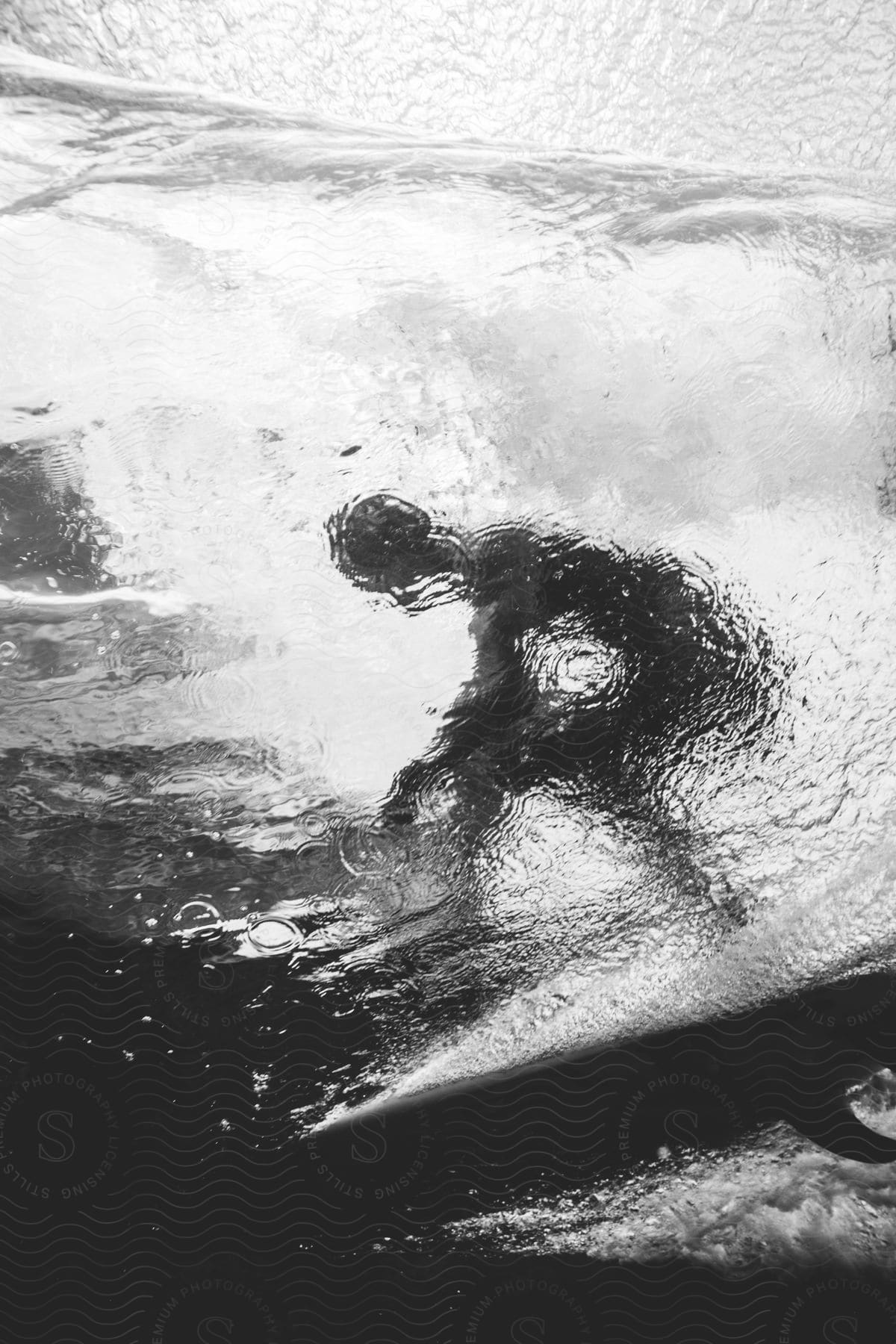 A man surfing a wave with reflection on the water