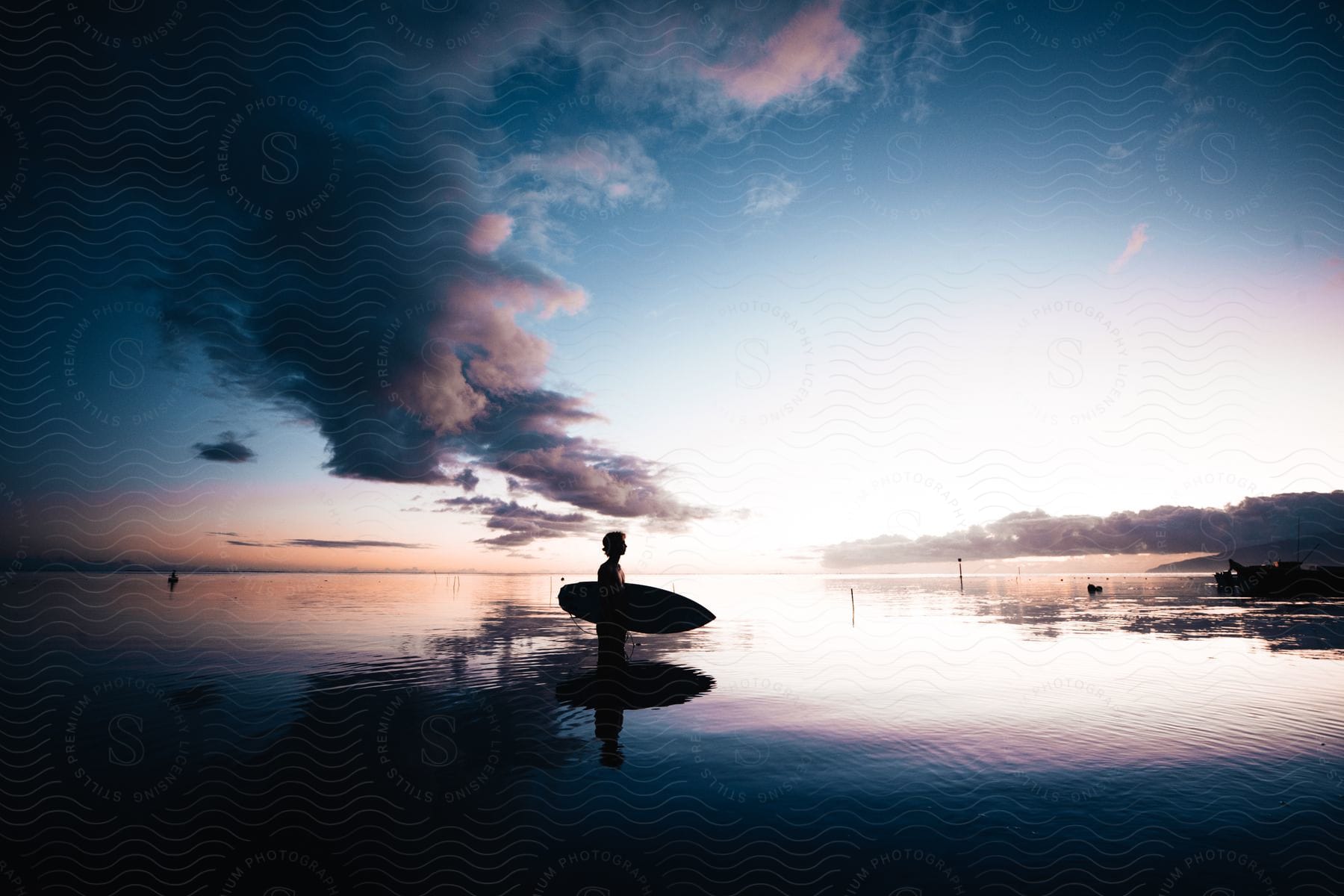 A young kid stands in the ocean holding a surfboard at dusk