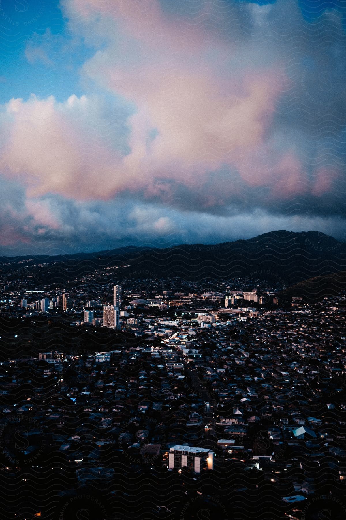 Aerial city landscape at dusk in a concrete jungle