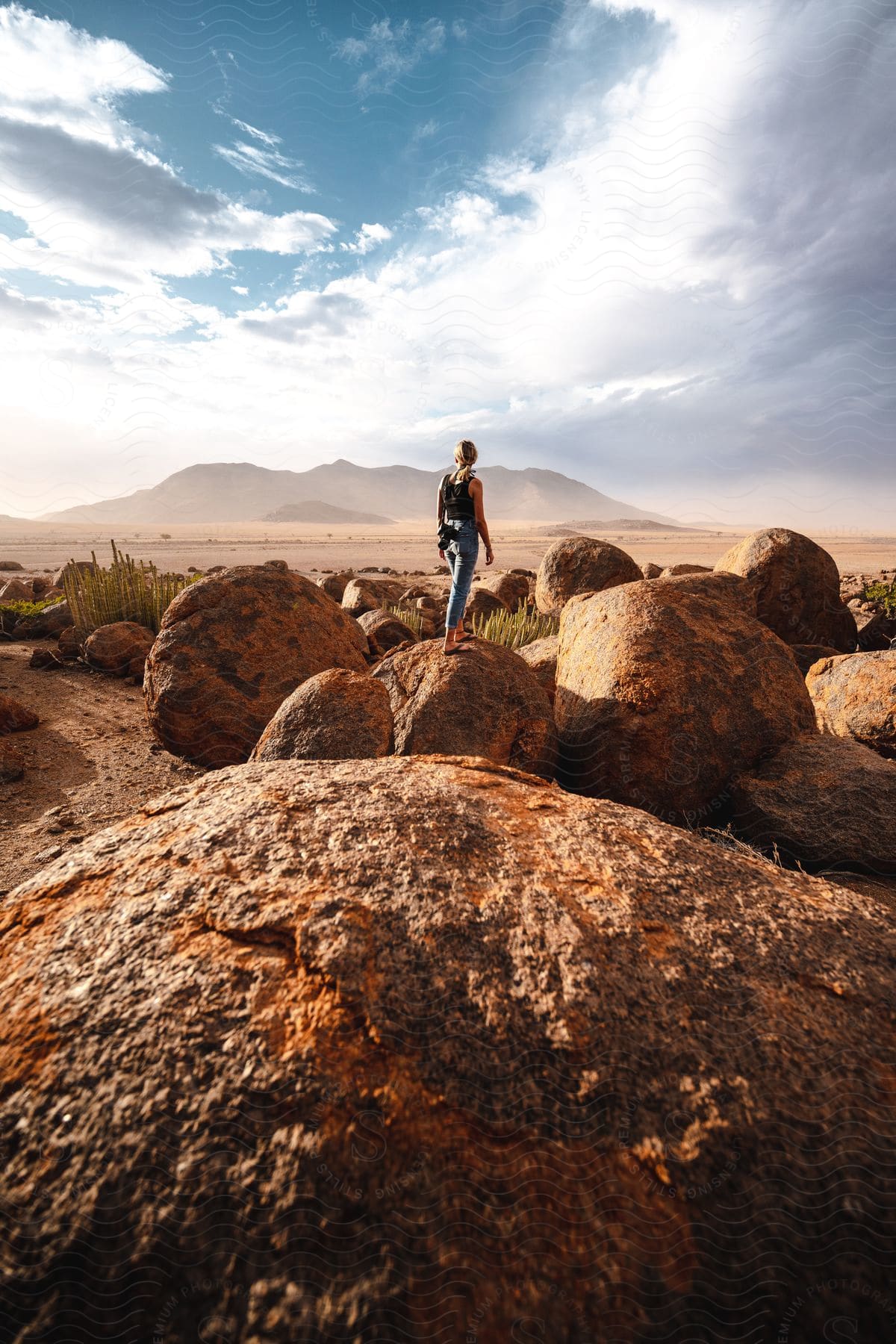 Woman standing on a rock in the desert under a blue sky with mountains in the horizon