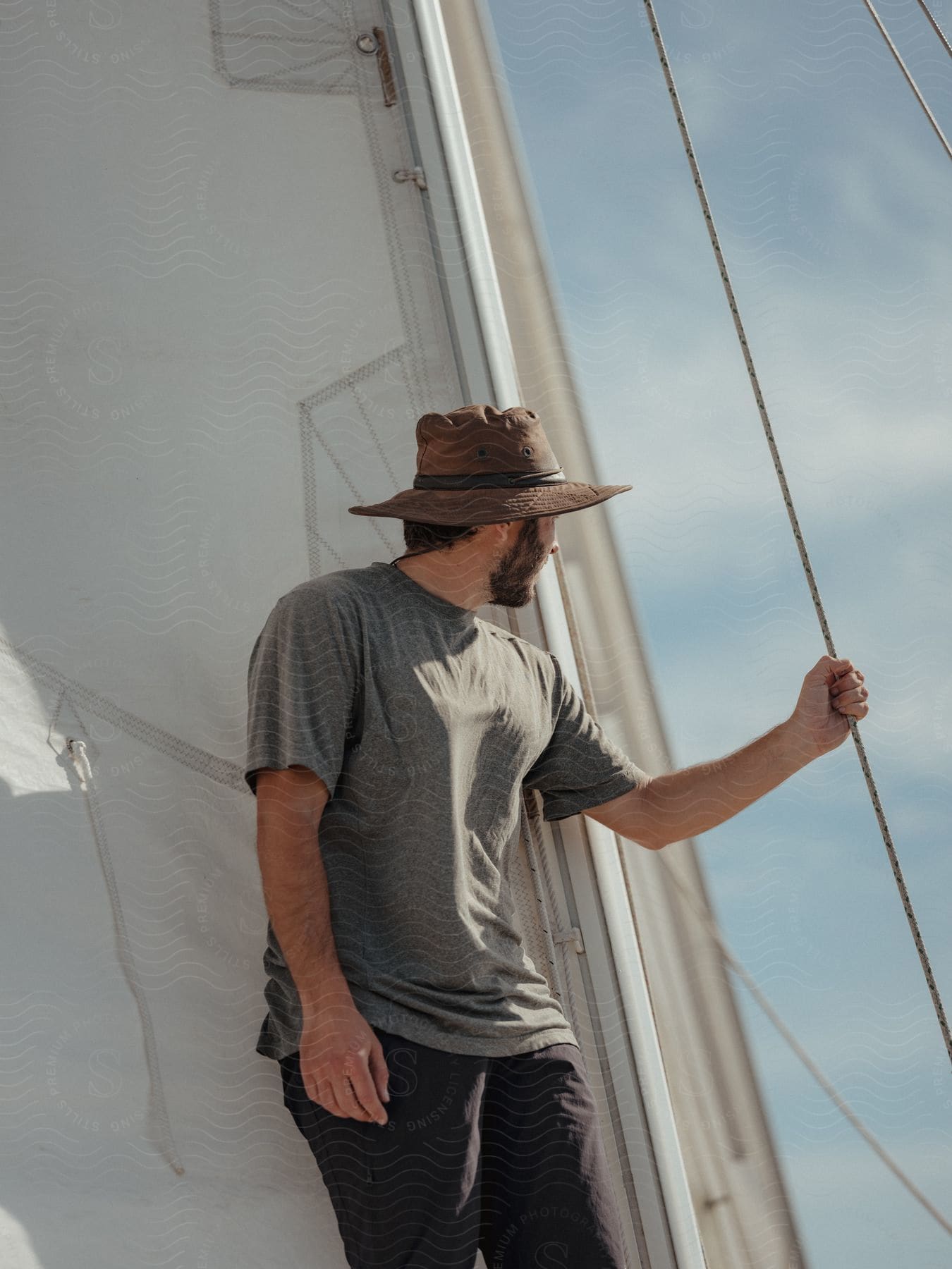 A man holds onto a rope on a sailboat