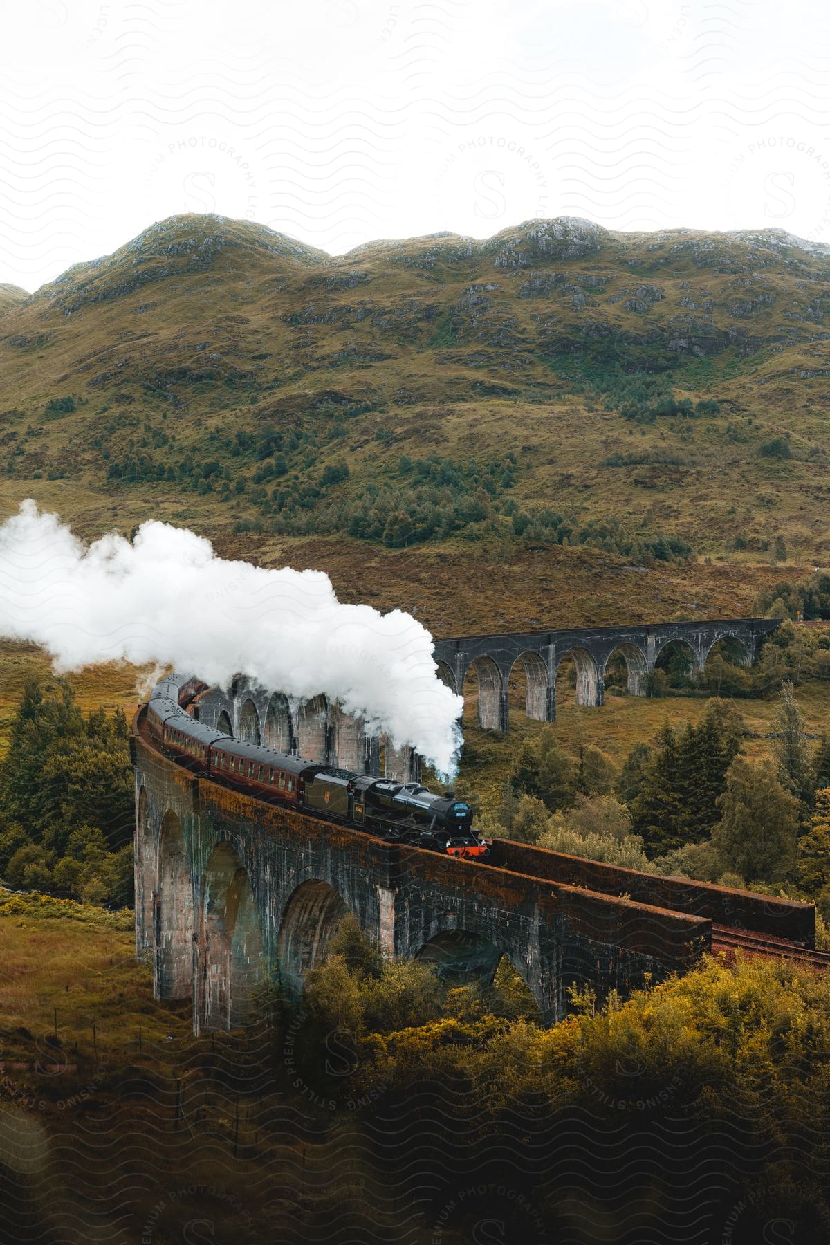 A locomotive with steam coming out of it pulls a train on an elevated track through the mountains