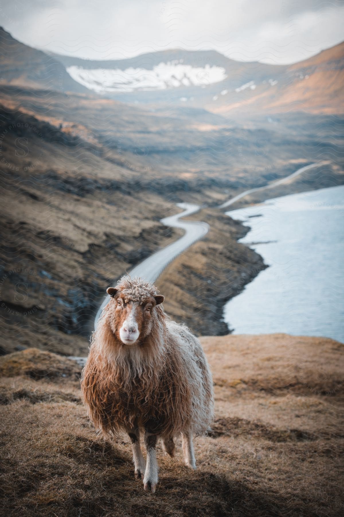 A mountain goat stands in front of a road a lake and a mountain range