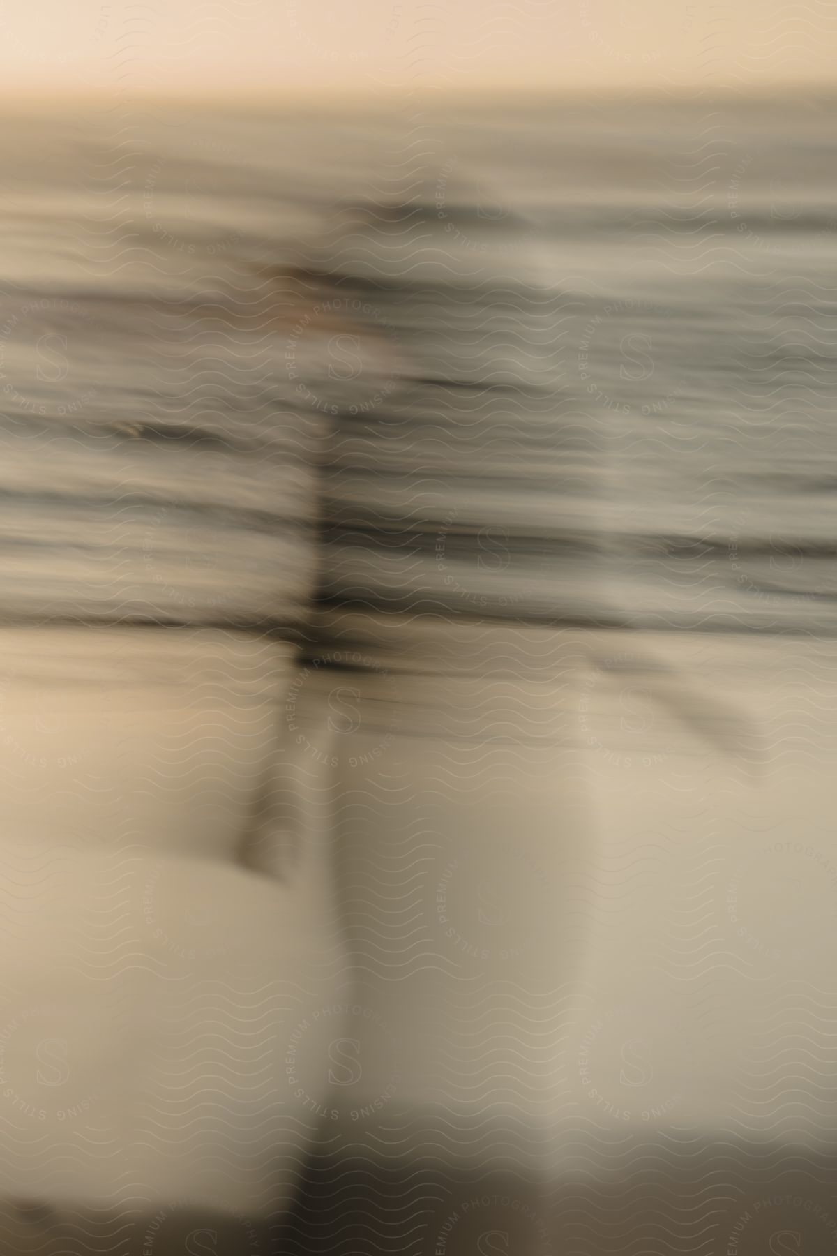 Stock photo of blurred silhouette of a woman walking on the beach at evening