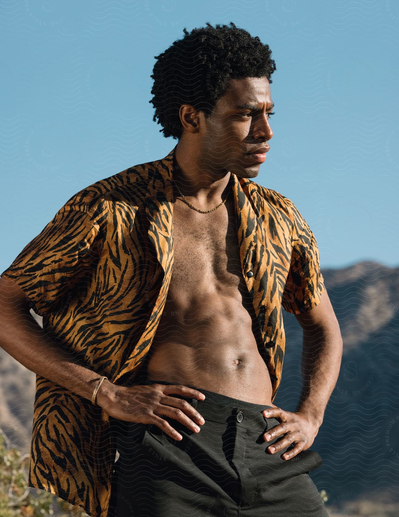 A man in an unbuttoned tiger print shirt poses in front of a mountain