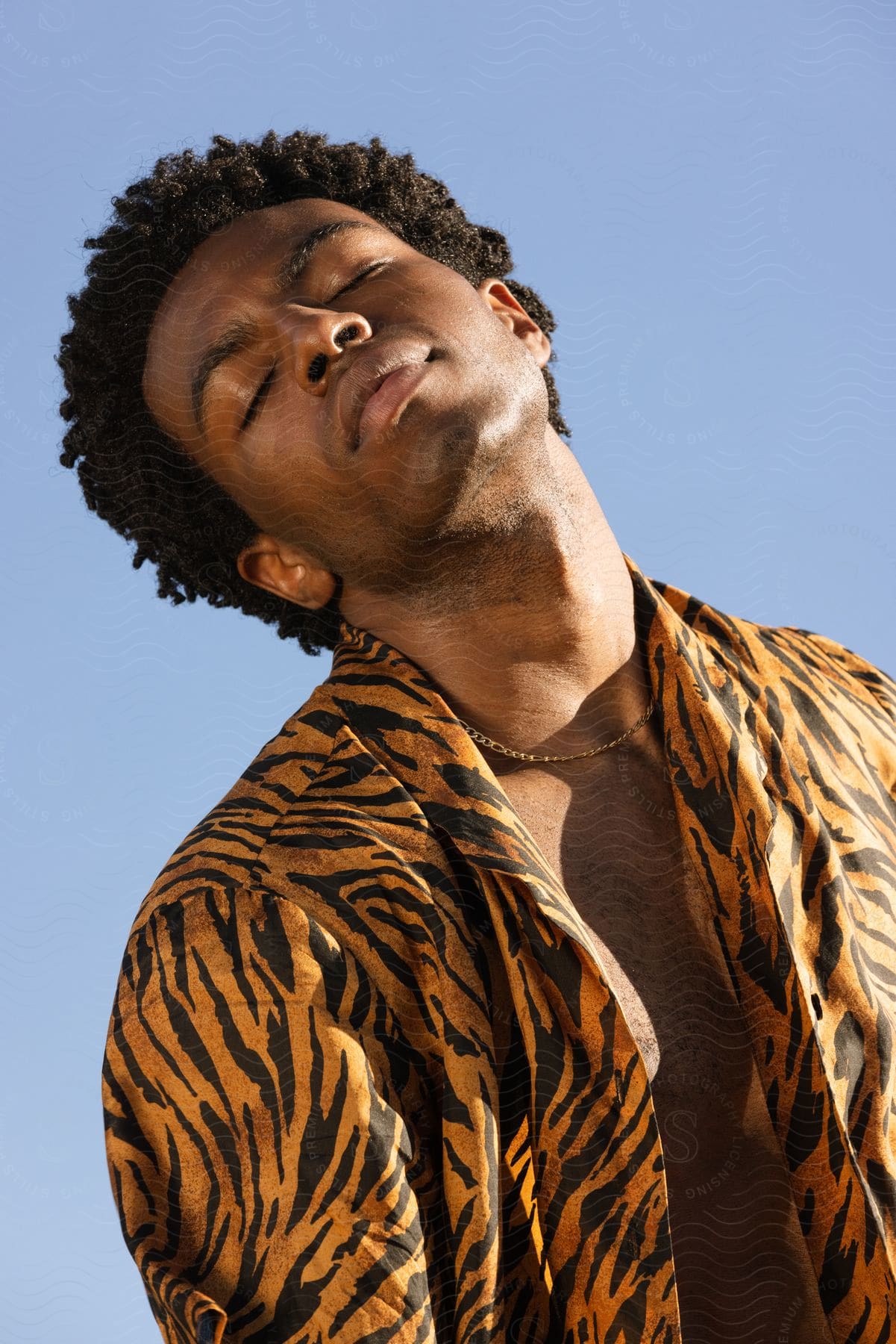 An africanamerican man posing outdoors wearing a tigerstriped shirt