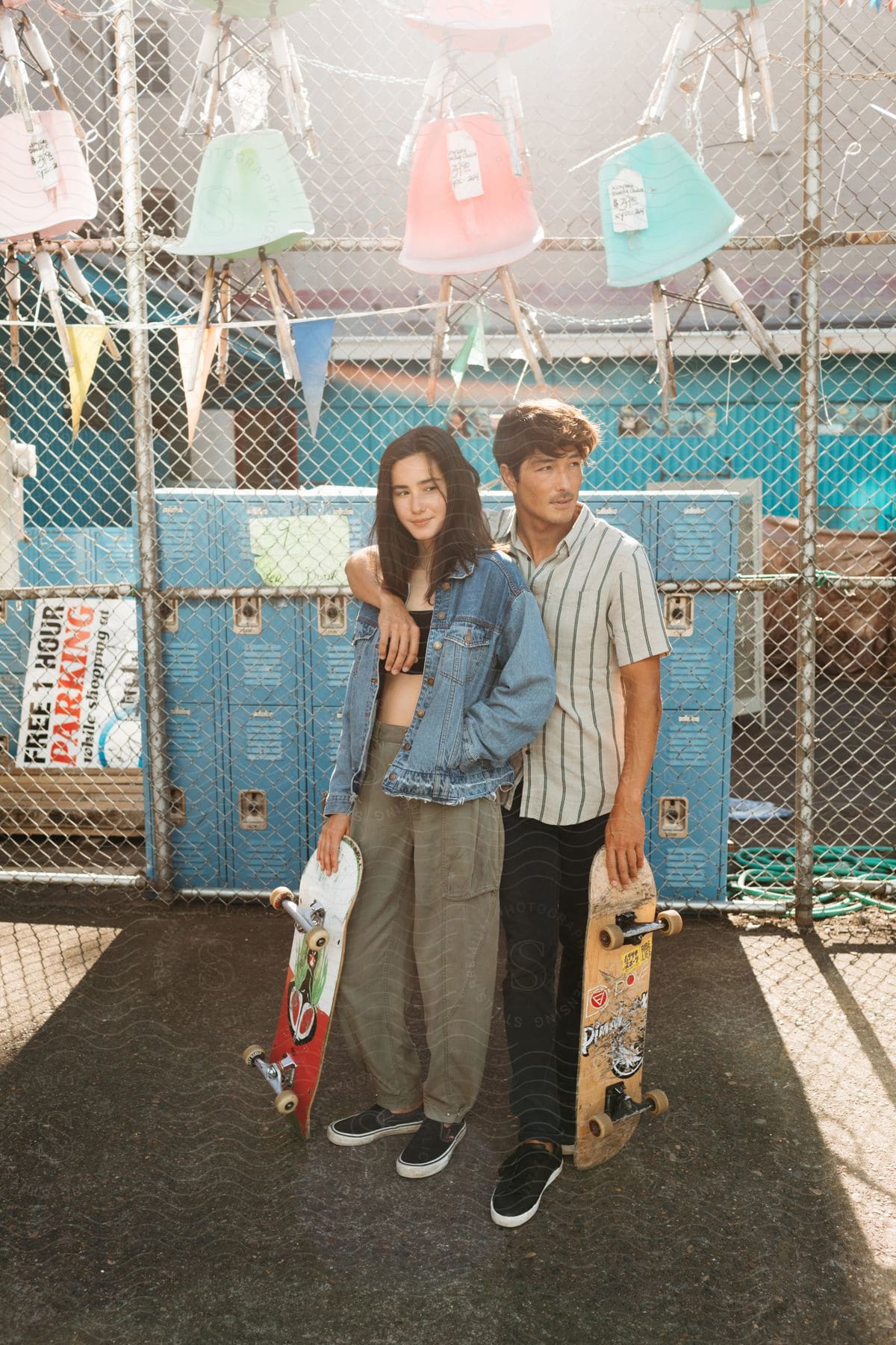 Young couple standing outside holding skateboards in a colorful part of town