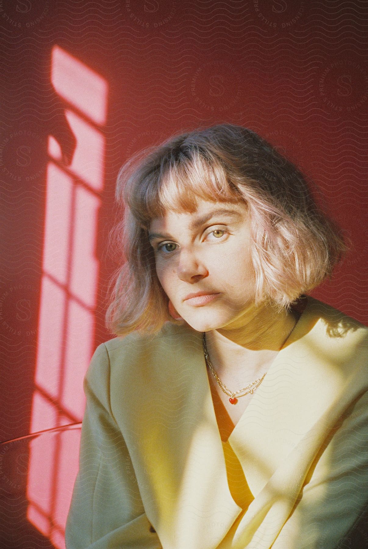 A woman model poses in front of a red background wearing a yellow suit