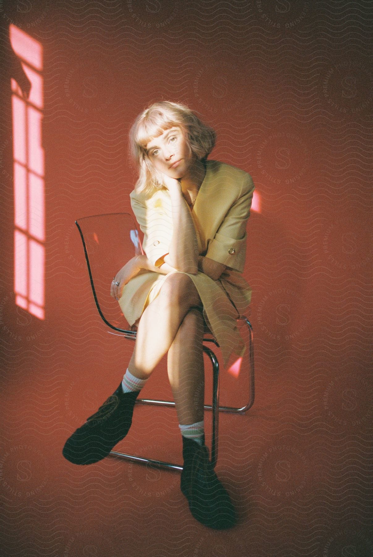 Studio portrait of a woman in a yellow dress sitting on a chair with crossed legs looking at the camera against a red illuminated background