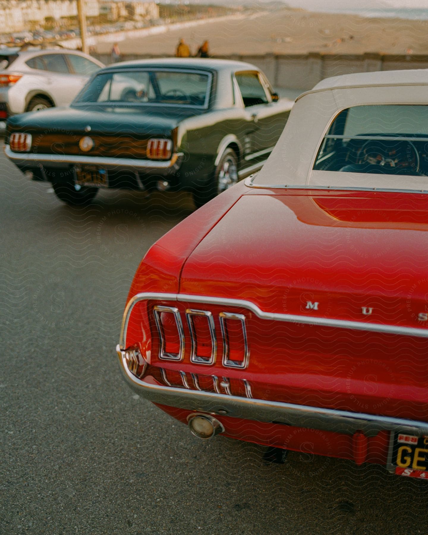 Vintage sport cars parked in a lot next to a beach