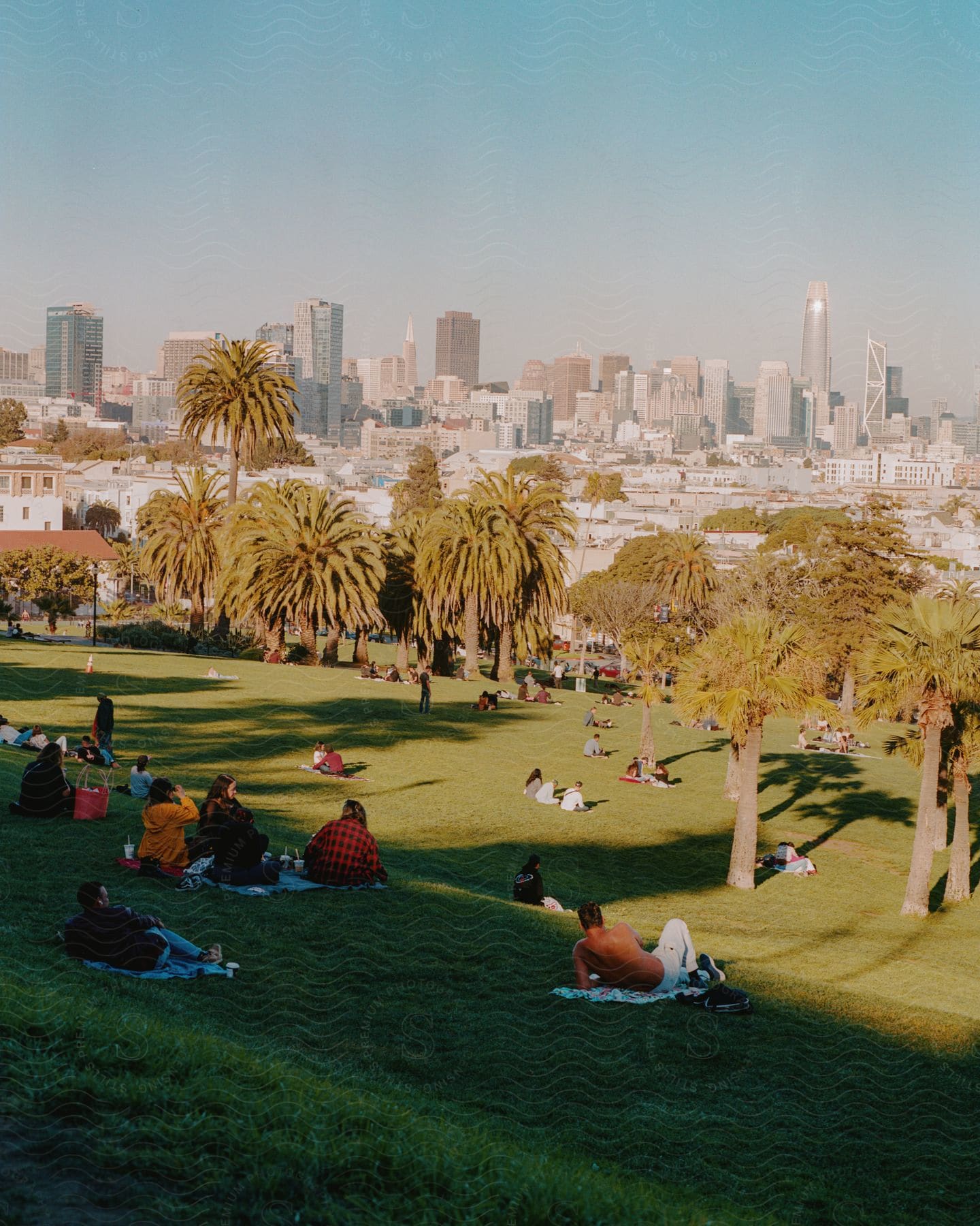 People relaxing on a hill overlooking a city skyline