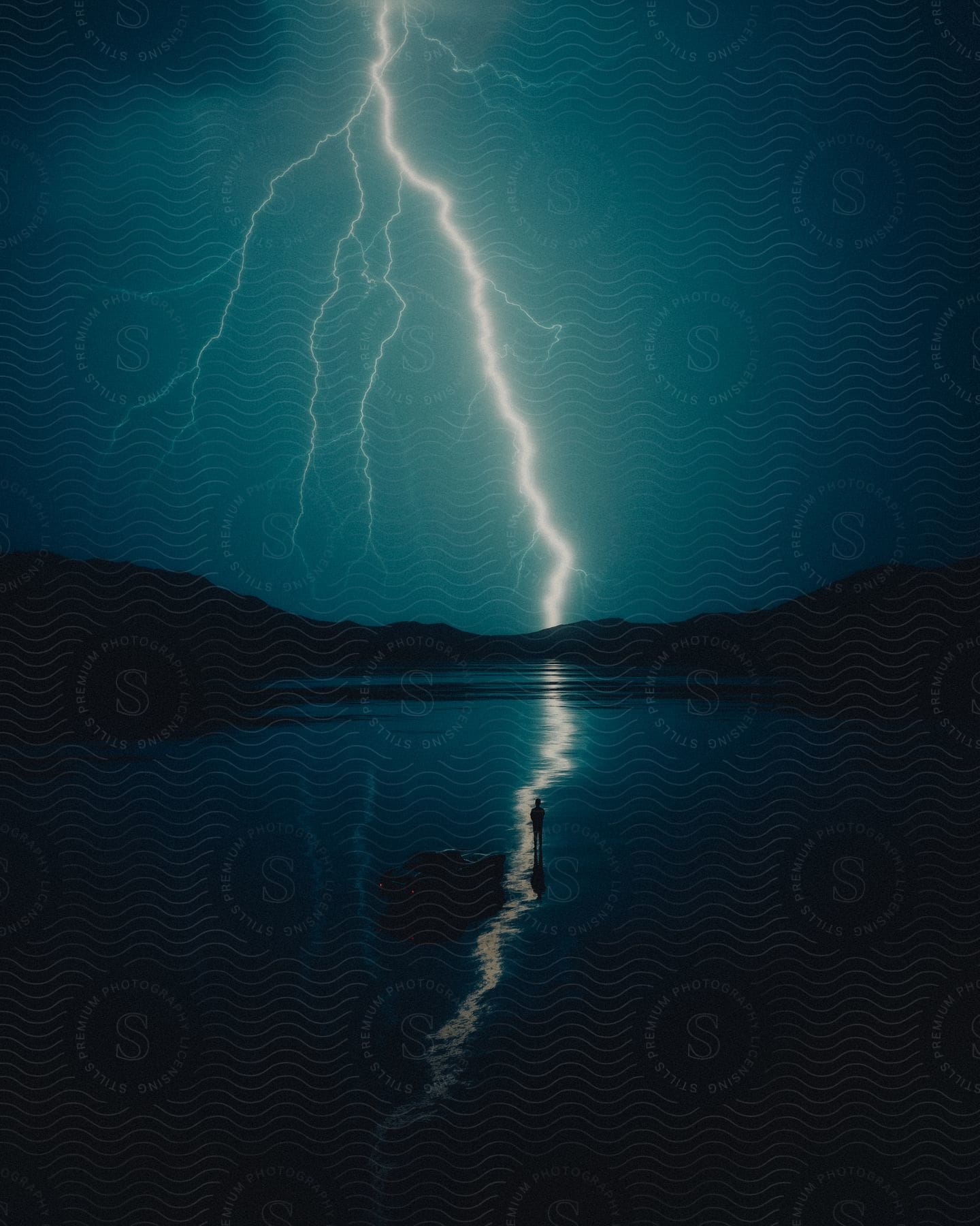 A powerful thunderstorm over a lake with mountains in the background
