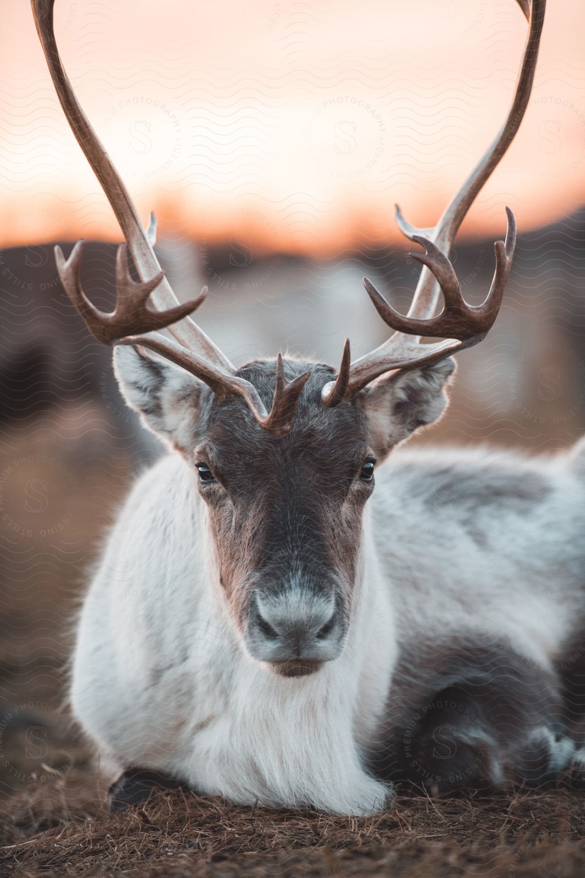 A reindeer rests on the brown ground and gazes directly at the camera