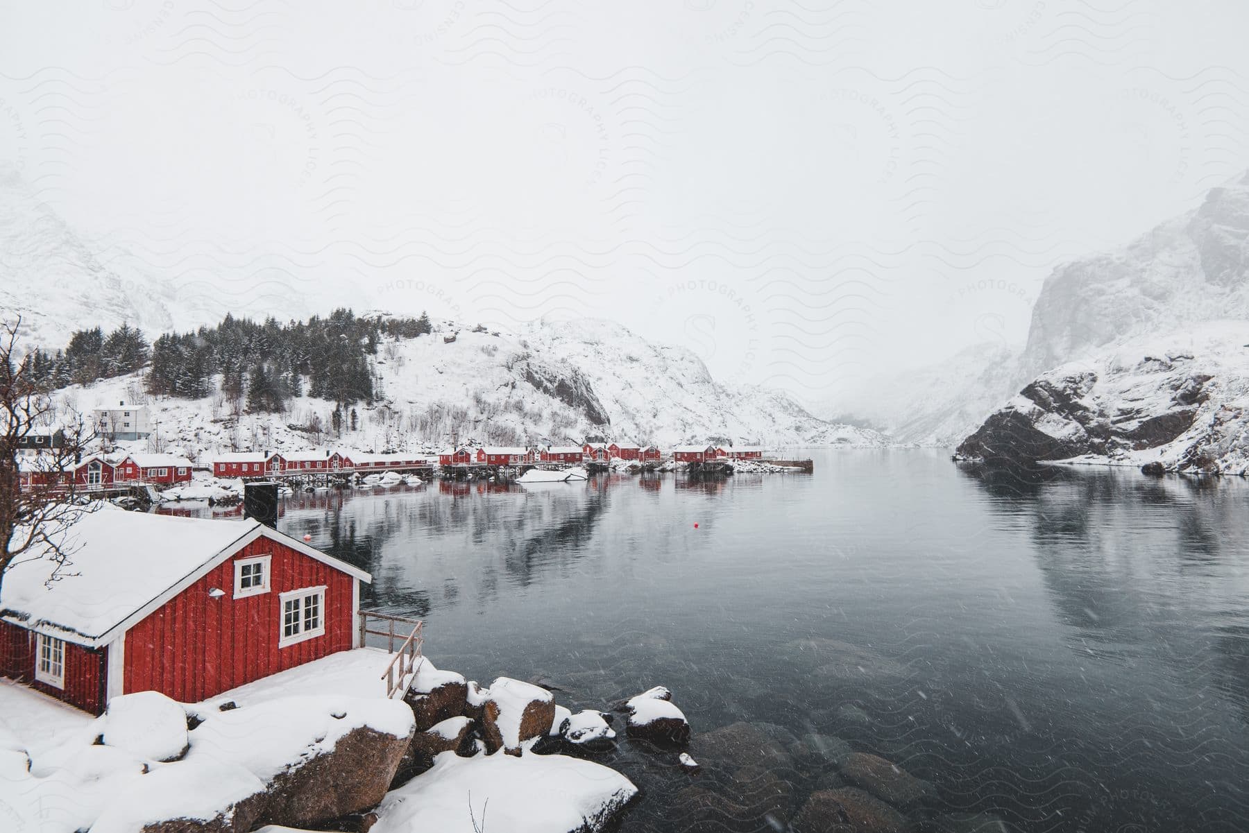 Coastal Village With Houses Next To The Water Snowy Mountains Covered In Trees In The Background