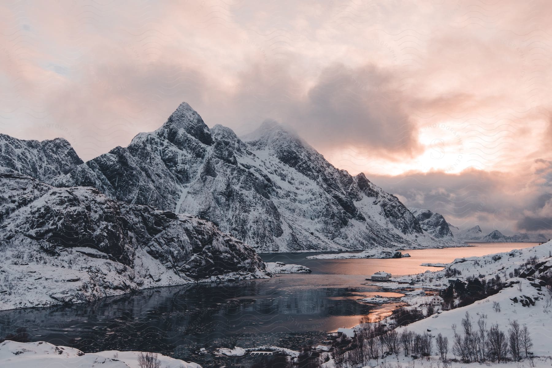 Snowcovered mountains at sunset in norway