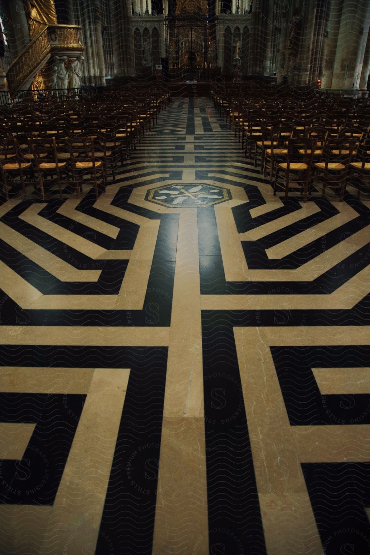 Patterned flooring leading the way with neatly lined chairs in grand cathedral