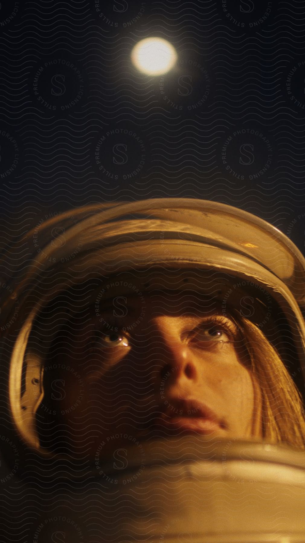 Close up of female astronauts face in space suit at night