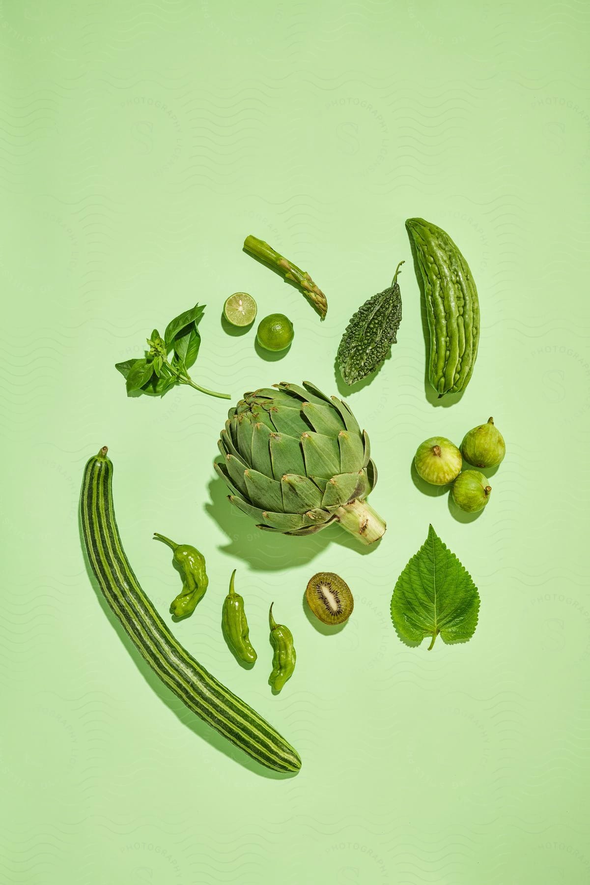 Stock photo of green produce and fruits arranged on a green background shot from above