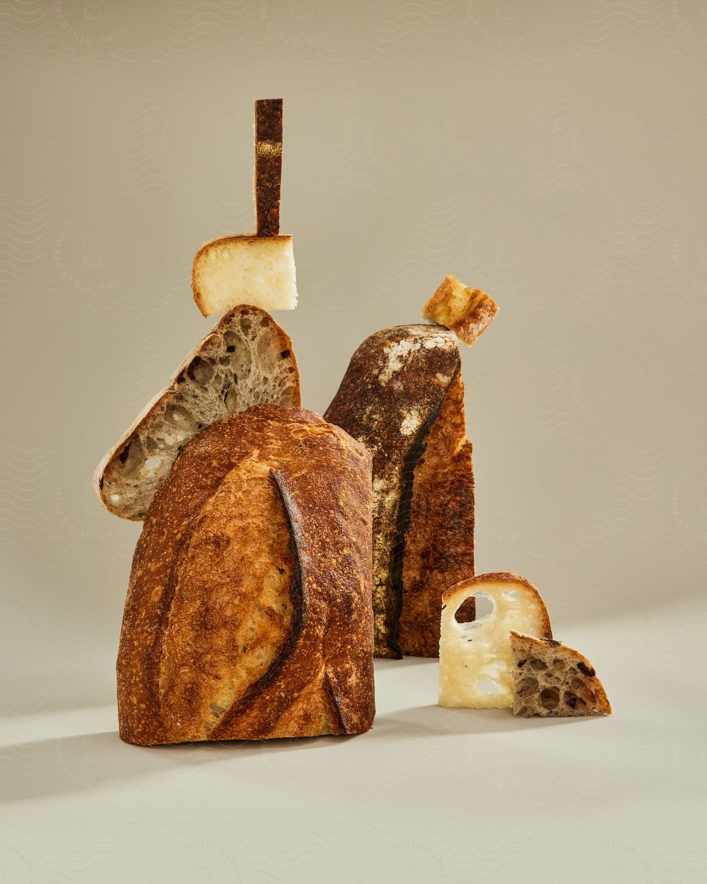 Slices of artisan bread are stacked in an artistic arrangement in a photography studio