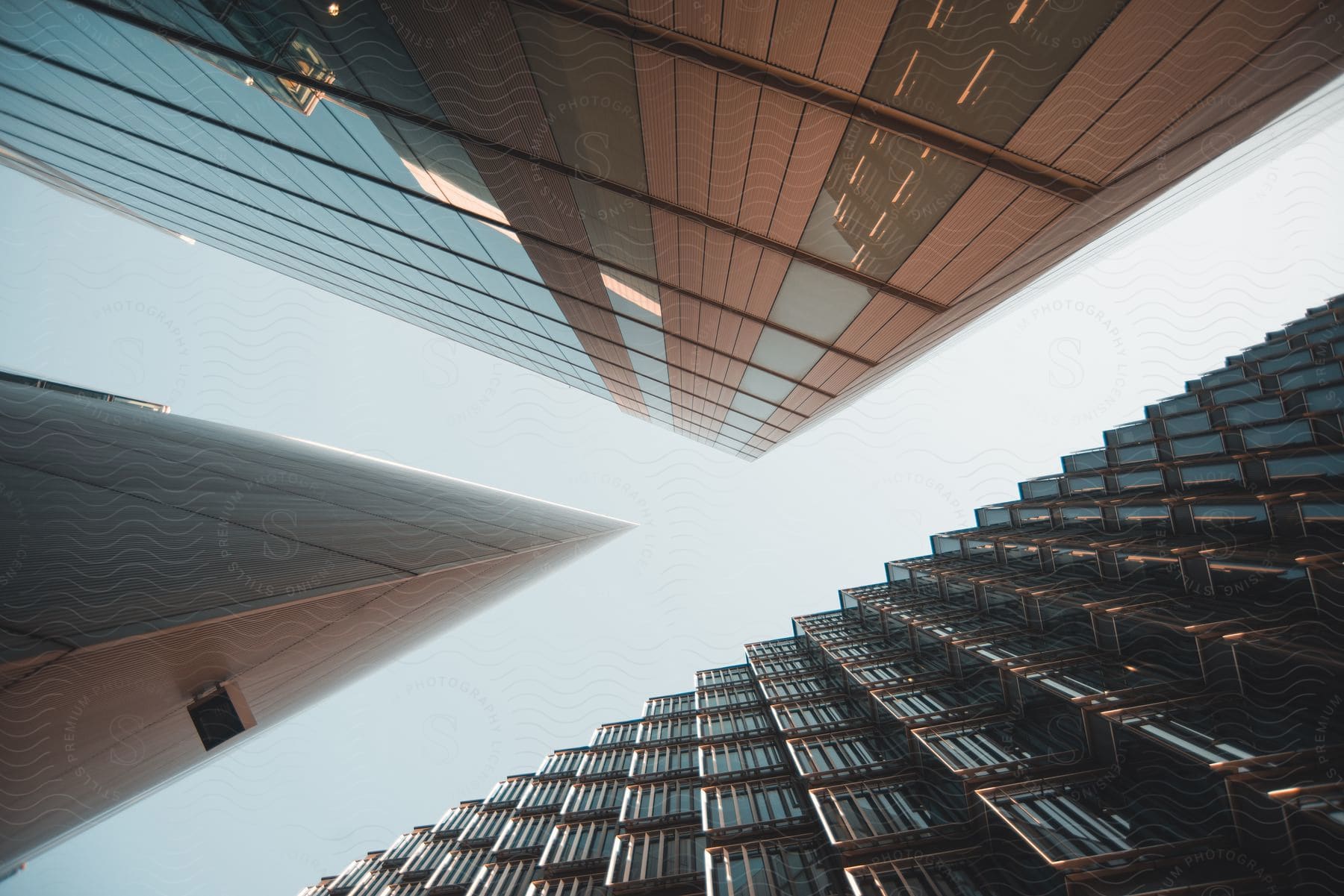 Skyscrapers form an angular pattern in this photograph