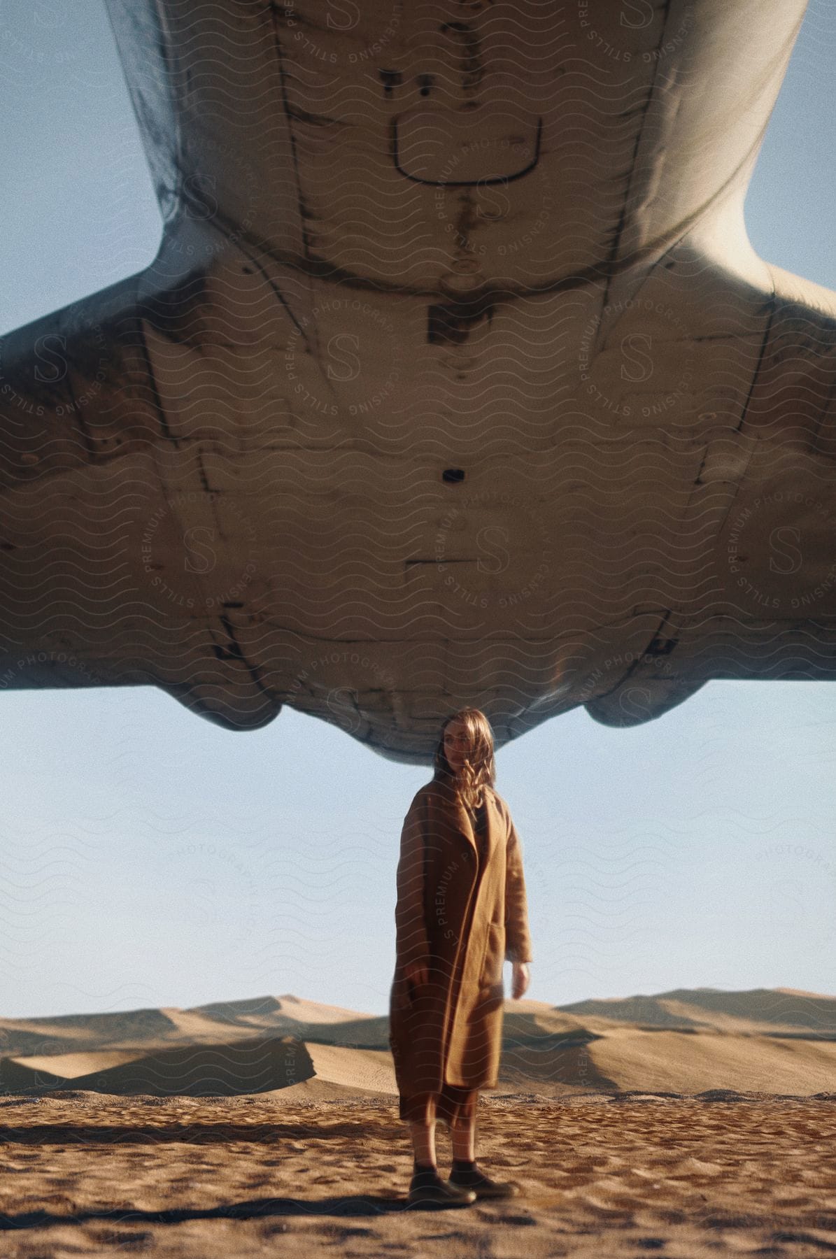 A Woman Standing In A Desert With An Airplane Taking Off Above Her