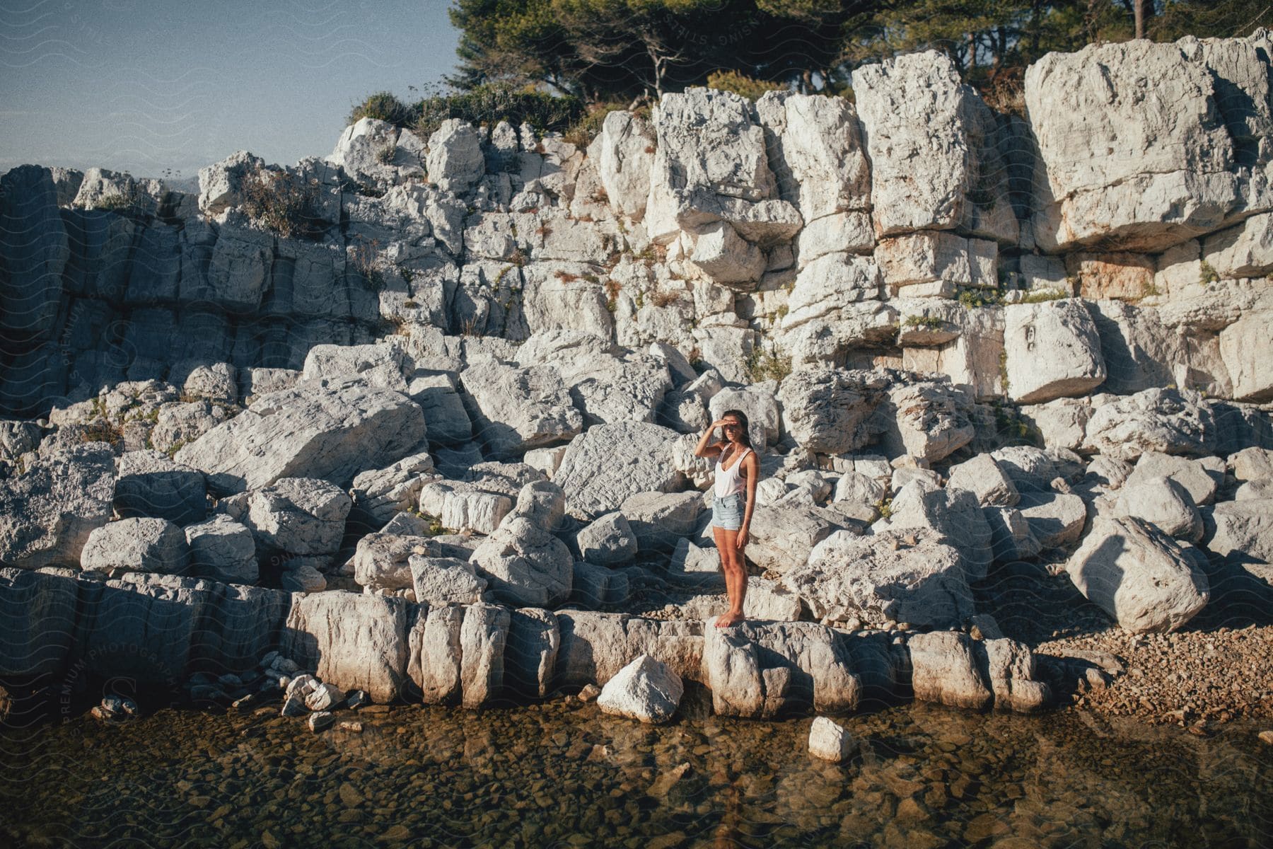 A person wearing shorts and swimwear stands on a cliff overlooking the sea