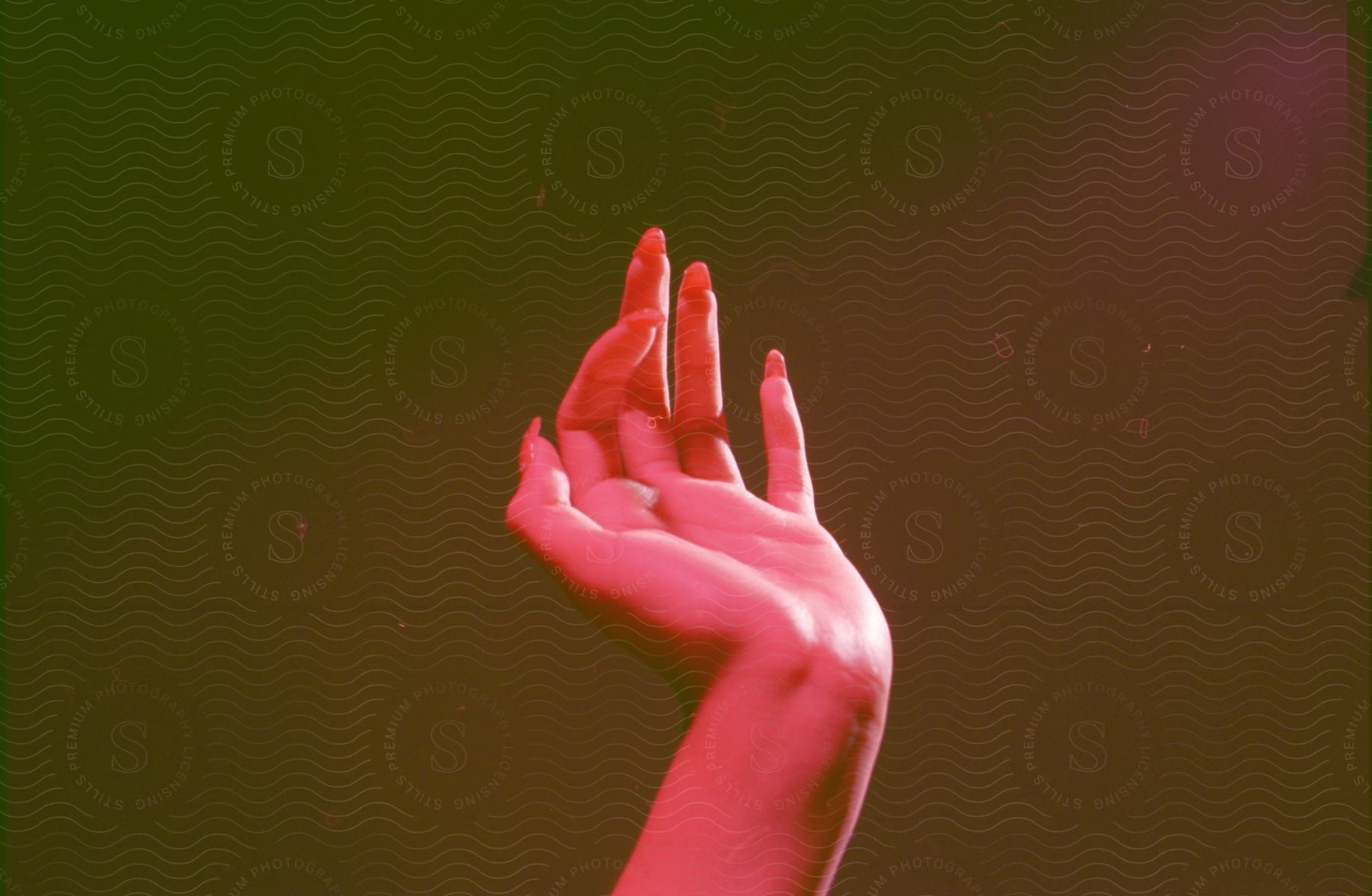 Female hand gesturing under contrasting white and red lights