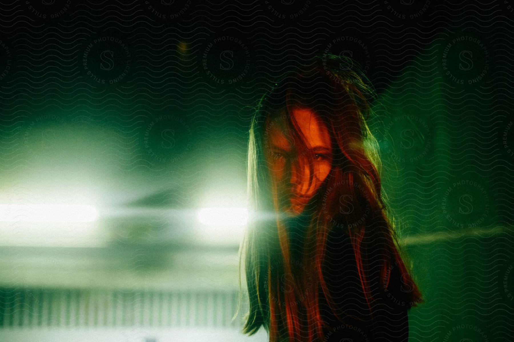 A young woman with long hair looking determined while bright lights flash behind her.